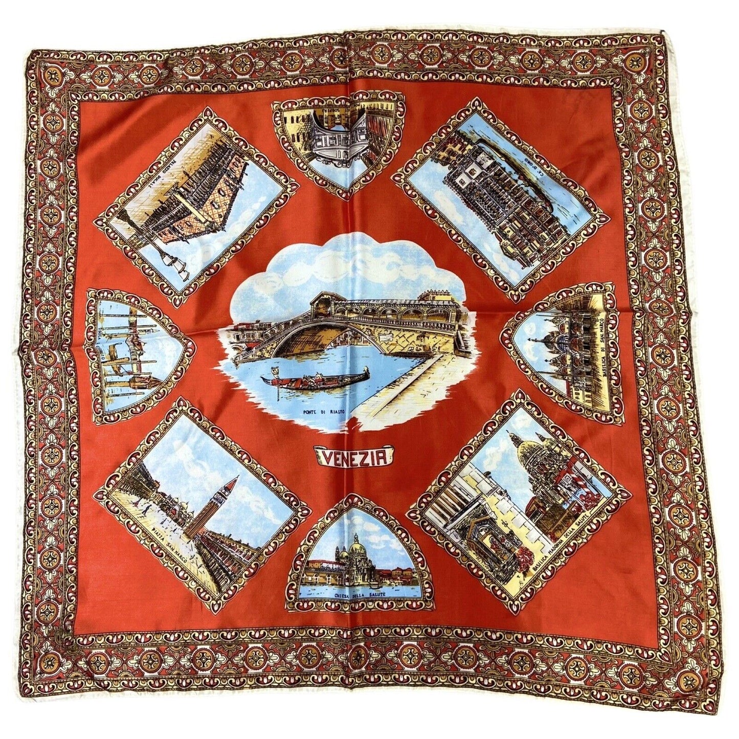 Vintage 80s 90s Red Gold Venezia Ornamental Print Patterned Scarf