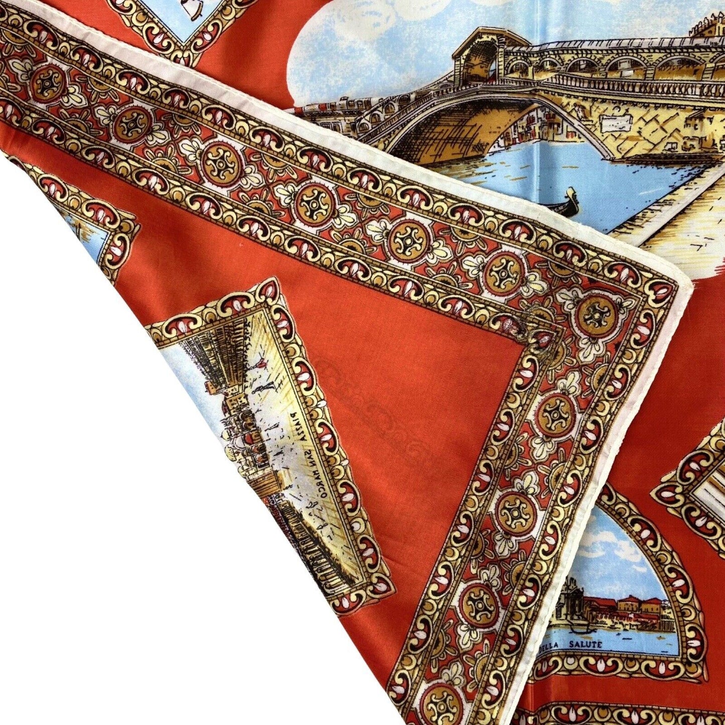 Vintage 80s 90s Red Gold Venezia Ornamental Print Patterned Scarf