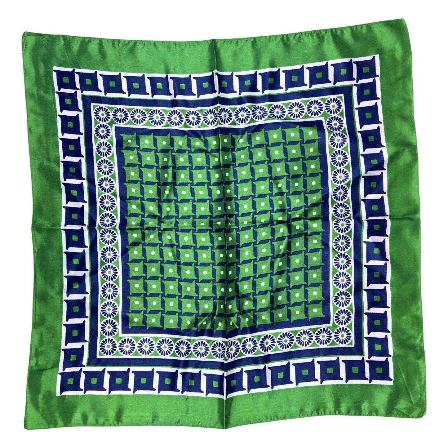 Vintage 70s Green Blue White Floral Geometric Print Scarf