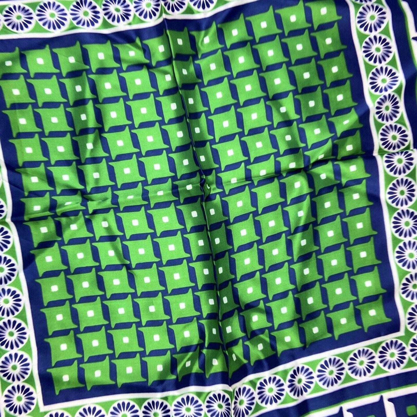 Vintage 70s Green Blue White Floral Geometric Print Scarf