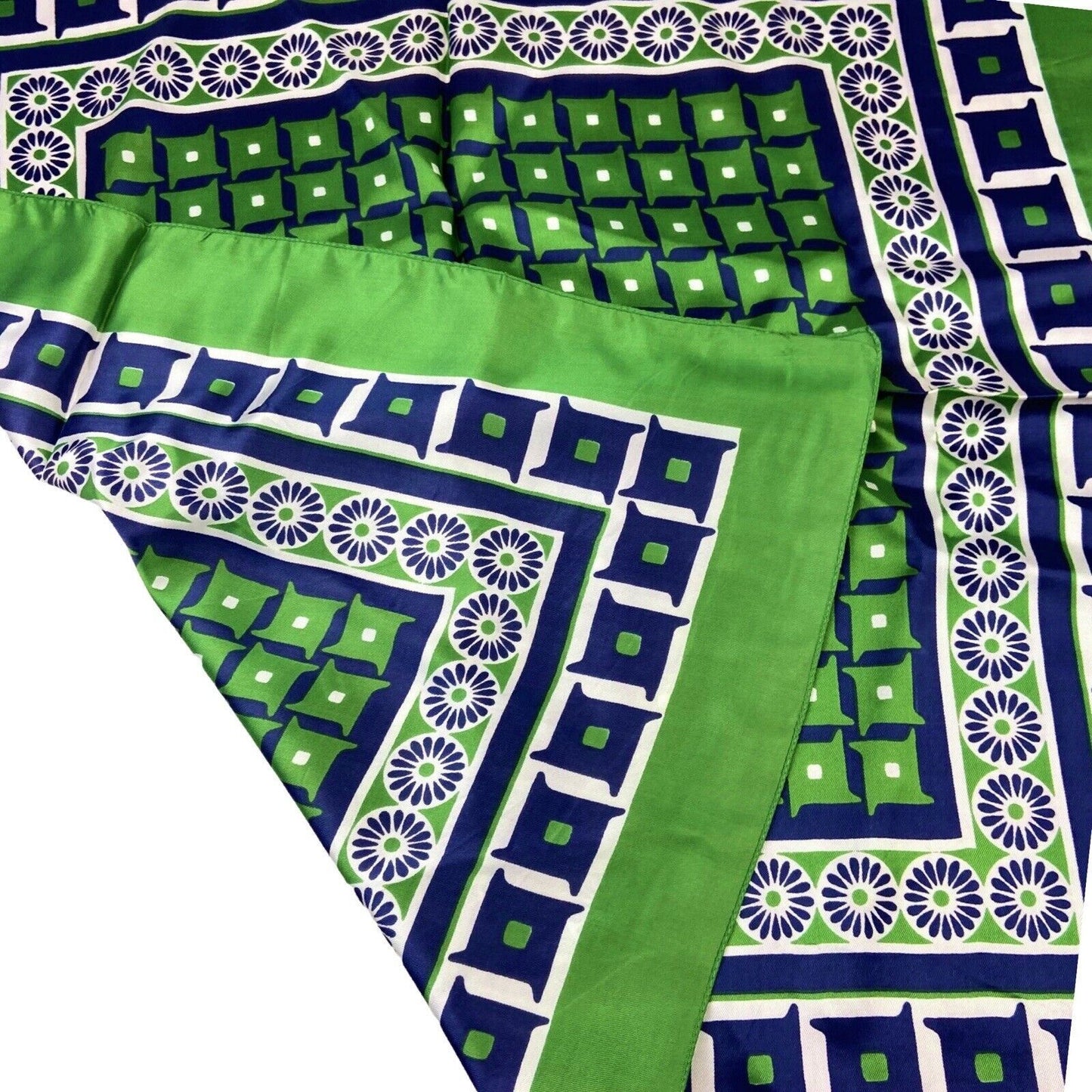 Vintage 70s Green Blue White Floral Geometric Print Scarf