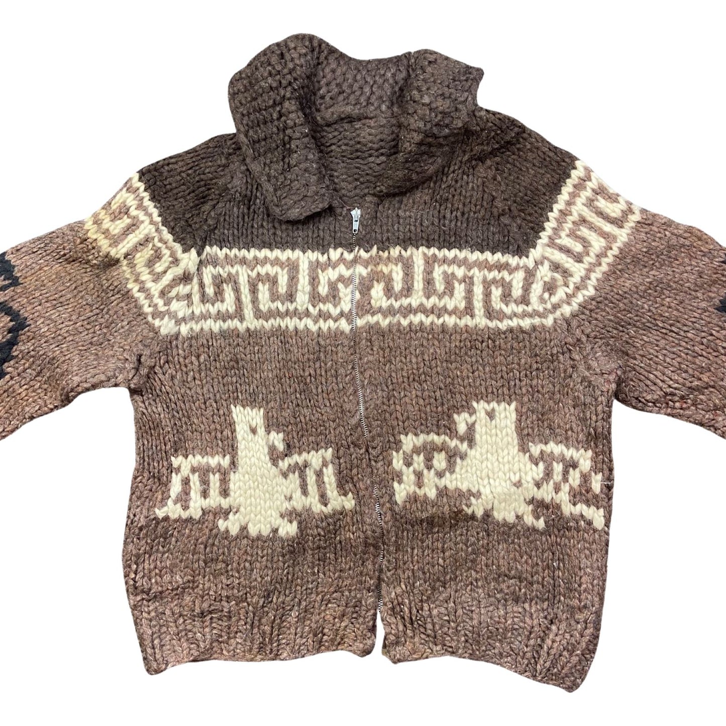 VTG NATIVE CANADIAN COWICHAN INDIAN HAND KNIT CARDIGAN ROCKABILLY 43” (40) M