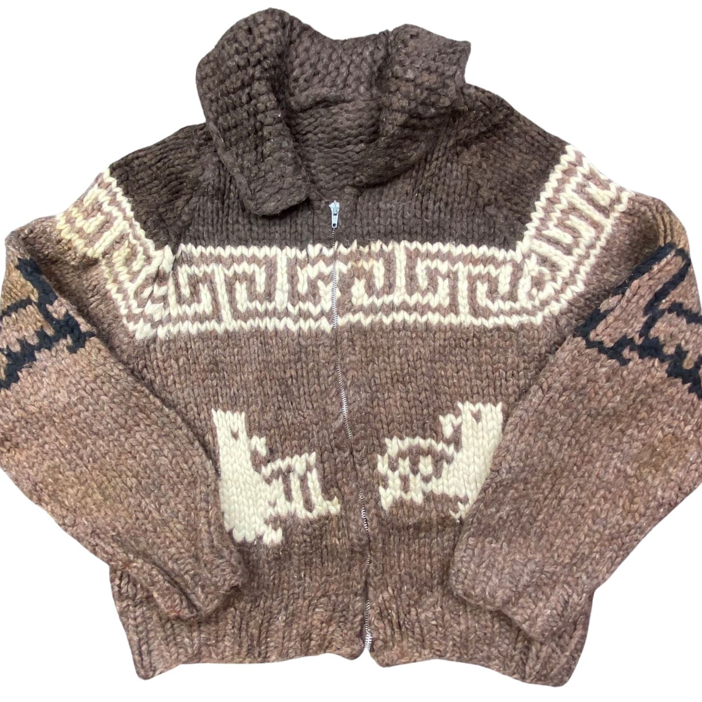 VTG NATIVE CANADIAN COWICHAN INDIAN HAND KNIT CARDIGAN ROCKABILLY 43” (40) M