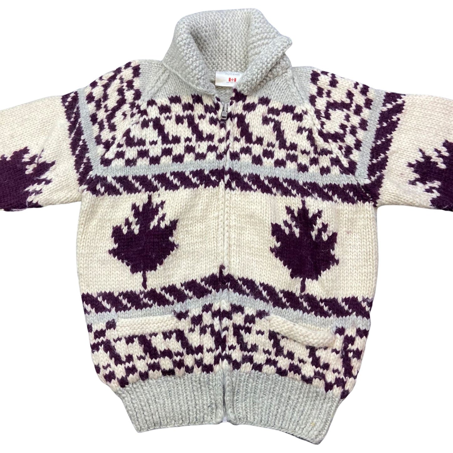 VTG NATIVE CANADIAN AMERICAN COWICHAN INDIAN HAND KNIT CARDIGAN 45” (42) L