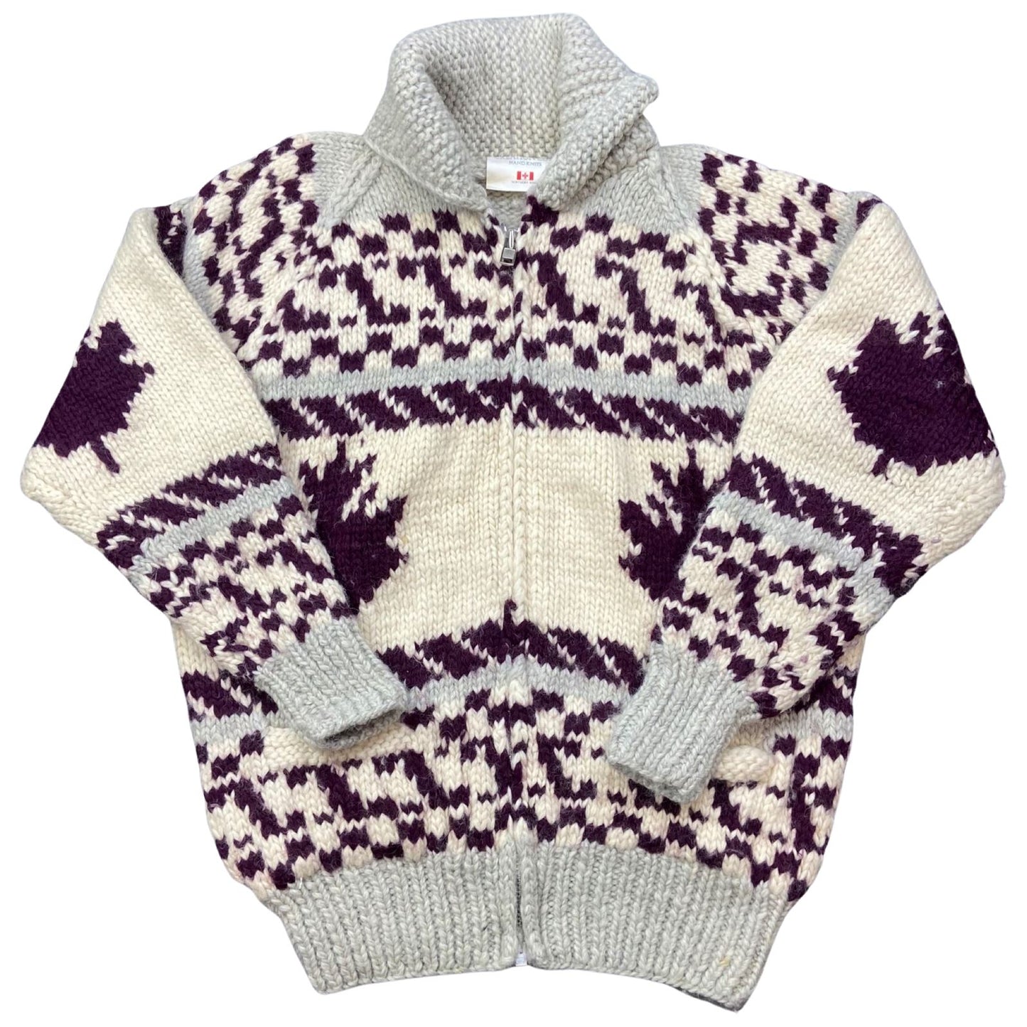 VTG NATIVE CANADIAN AMERICAN COWICHAN INDIAN HAND KNIT CARDIGAN 45” (42) L
