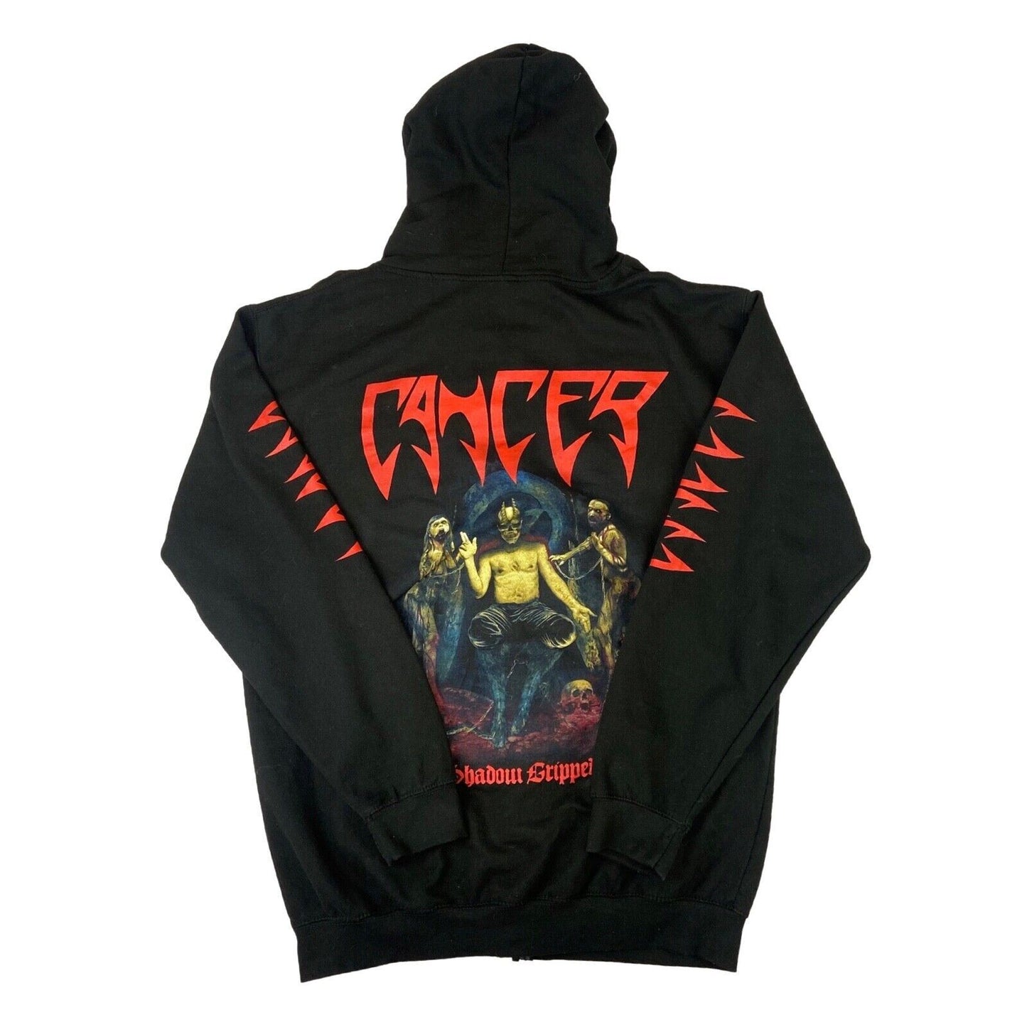 Preloved 2018 Black Cancer Zip Up Graphic Printed Hoodie Thrash Metal Merch L-XL
