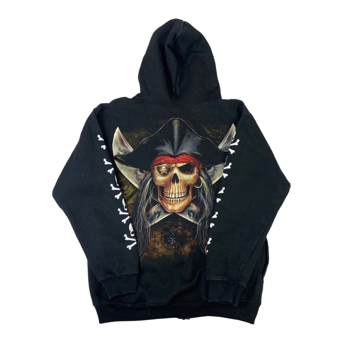Vintage 90s 00s Black Rock Eagle Pirate Graphic Printed Zip Up Hoodie M