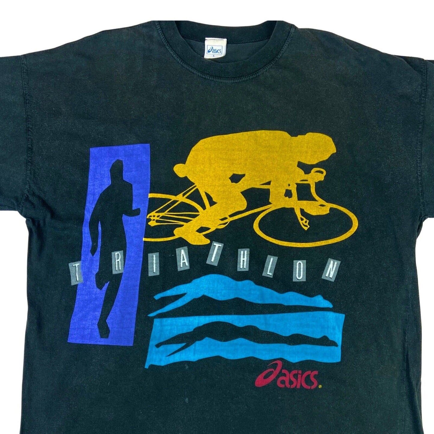 Vintage 90s 00s Black ASICS Graphic Triathlon Printed 100% Cotton T-Shirt XL