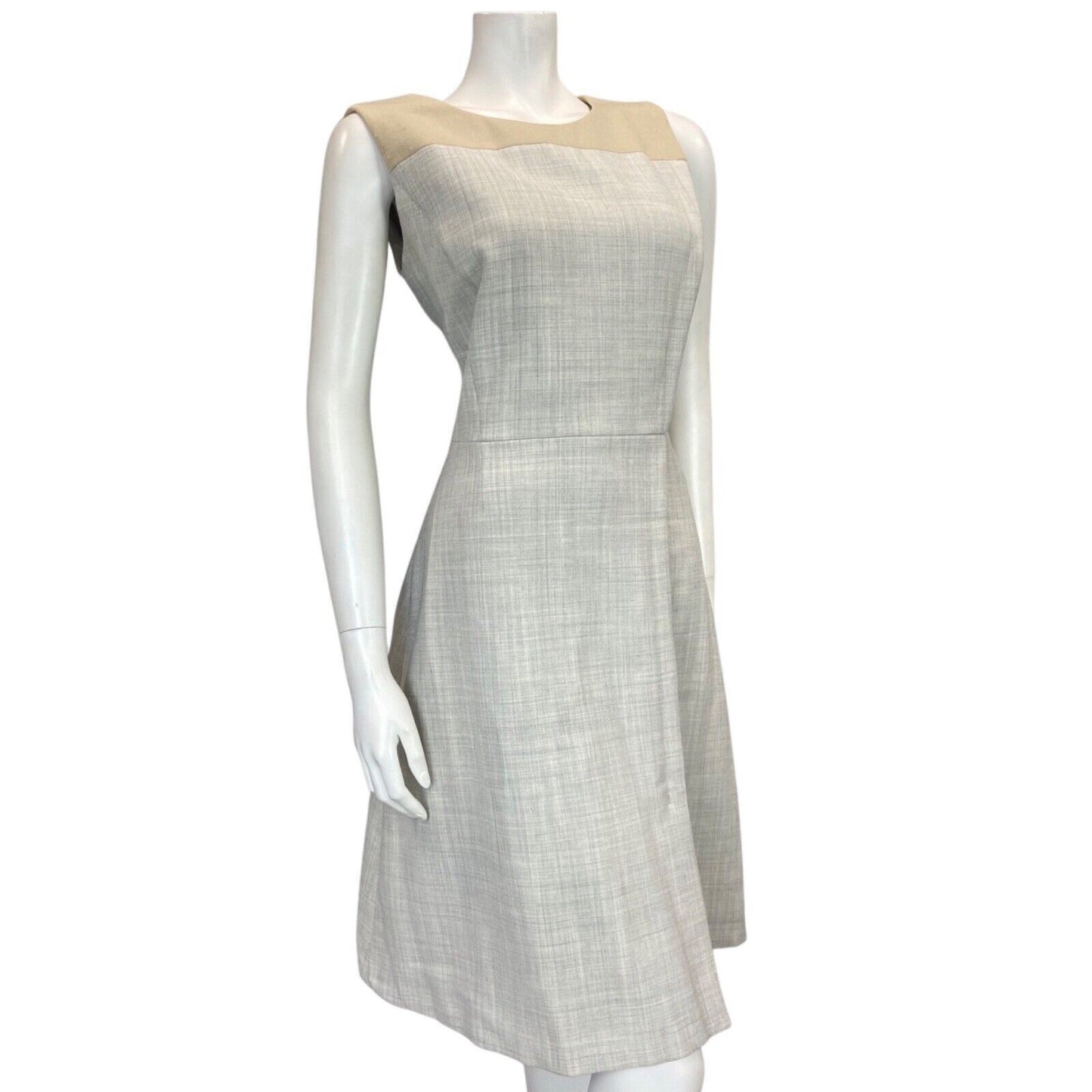 Vintage 00s Grey Beige Hugo Boss Wool Blend Sheath Mid Length Dress 8 10 S