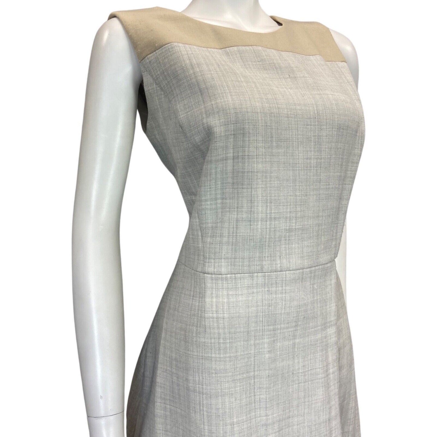 Vintage 00s Grey Beige Hugo Boss Wool Blend Sheath Mid Length Dress 8 10 S