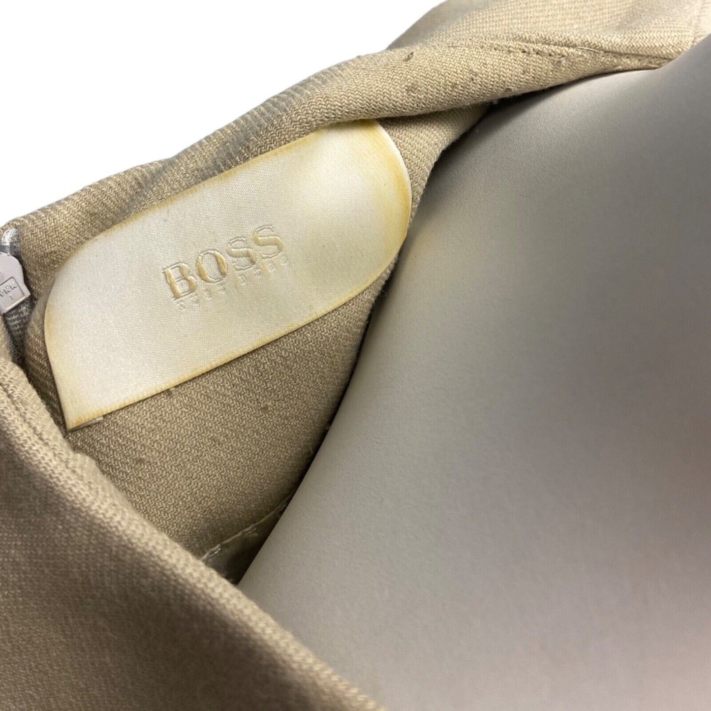 Vintage 00s Grey Beige Hugo Boss Wool Blend Sheath Mid Length Dress 8 10 S
