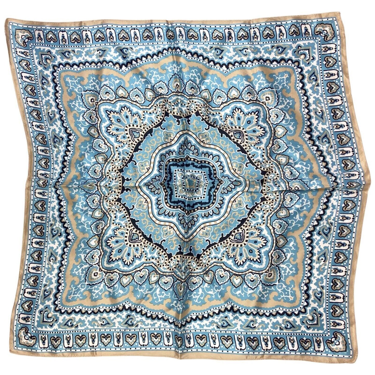 Vintage 90s 00s Blue Cream Paisley Ornamental Print Scarv