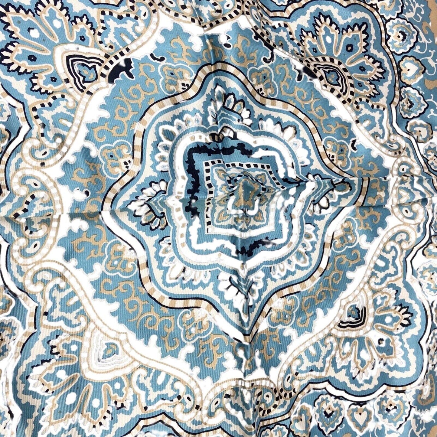 Vintage 90s 00s Blue Cream Paisley Ornamental Print Scarv