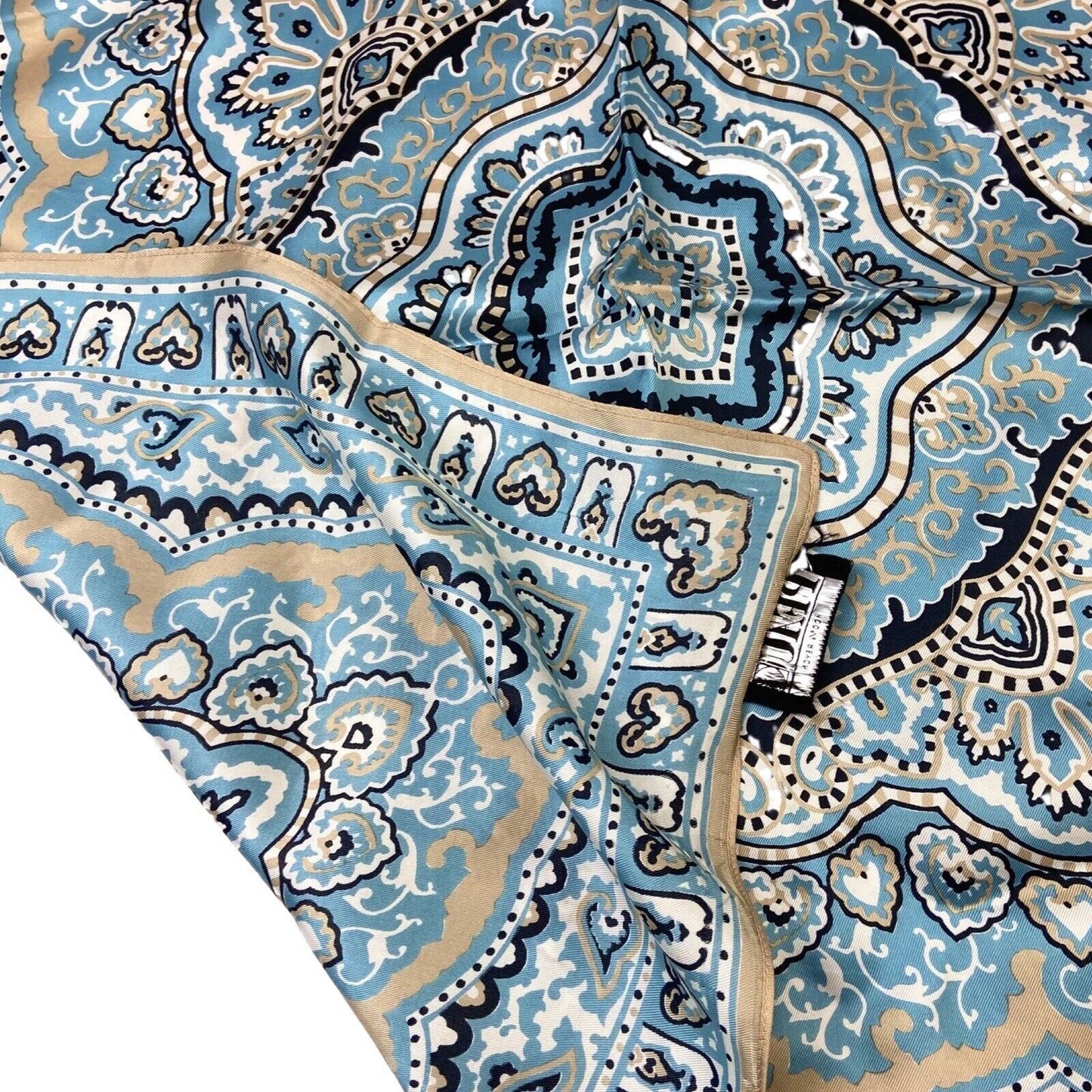 Vintage 90s 00s Blue Cream Paisley Ornamental Print Scarv