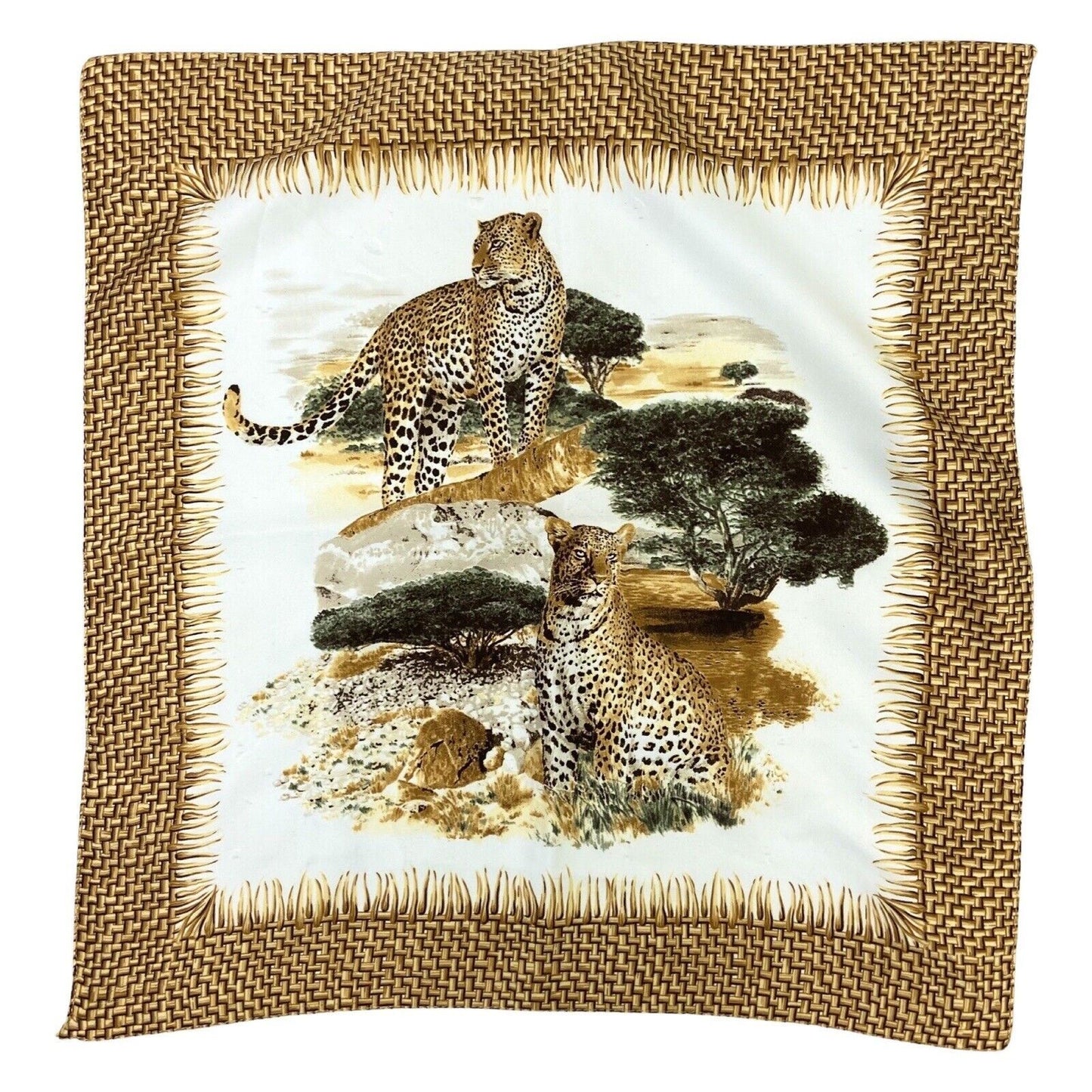 Vintage 90s 00s Gold Orange Cream Leopard Safari Graphic Print Scarf