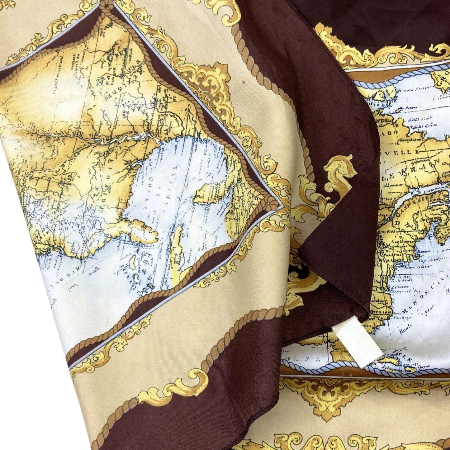 Vintage 90s 00s Brown Gold Cream Ornamental Filigree Map Print Scarf