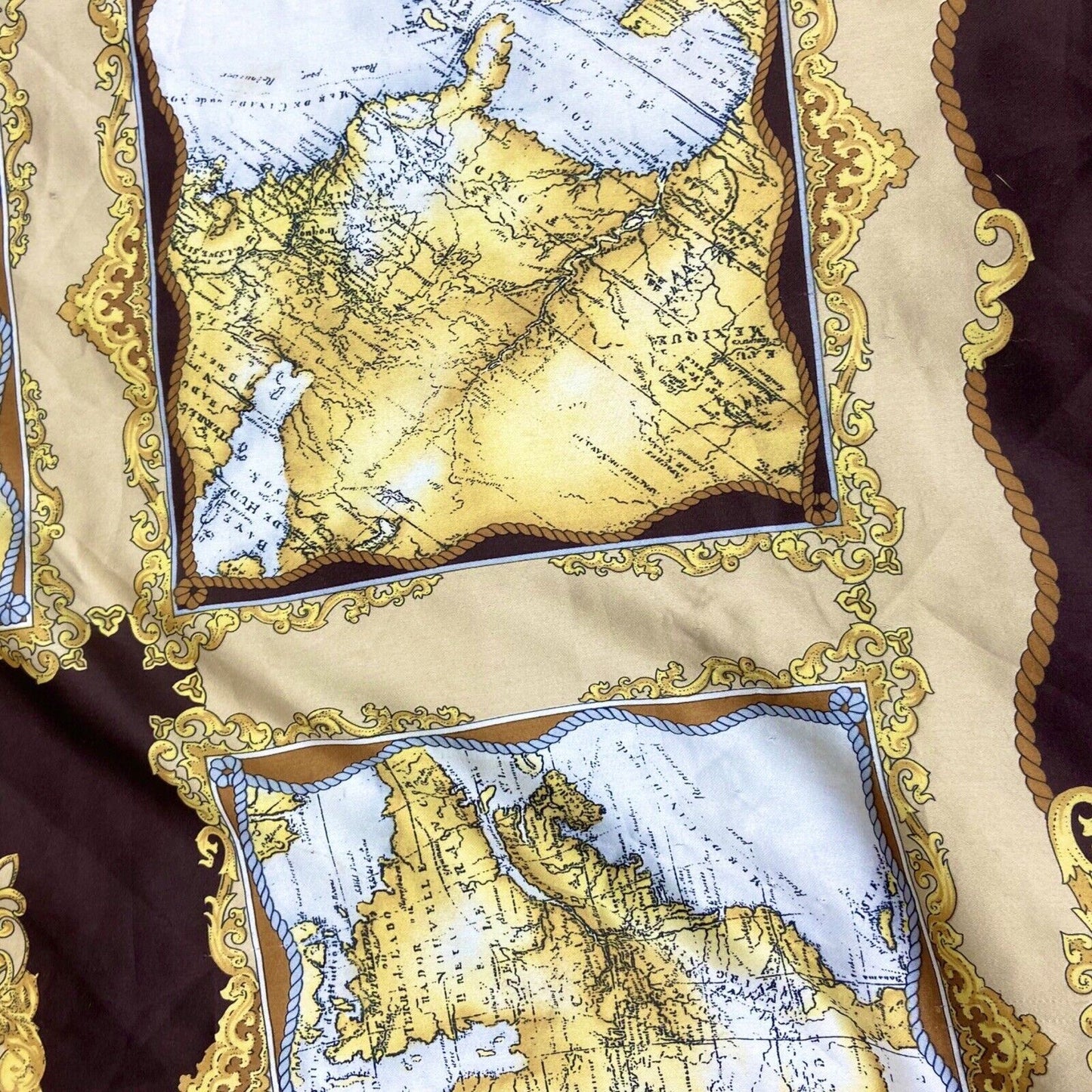 Vintage 90s 00s Brown Gold Cream Ornamental Filigree Map Print Scarf