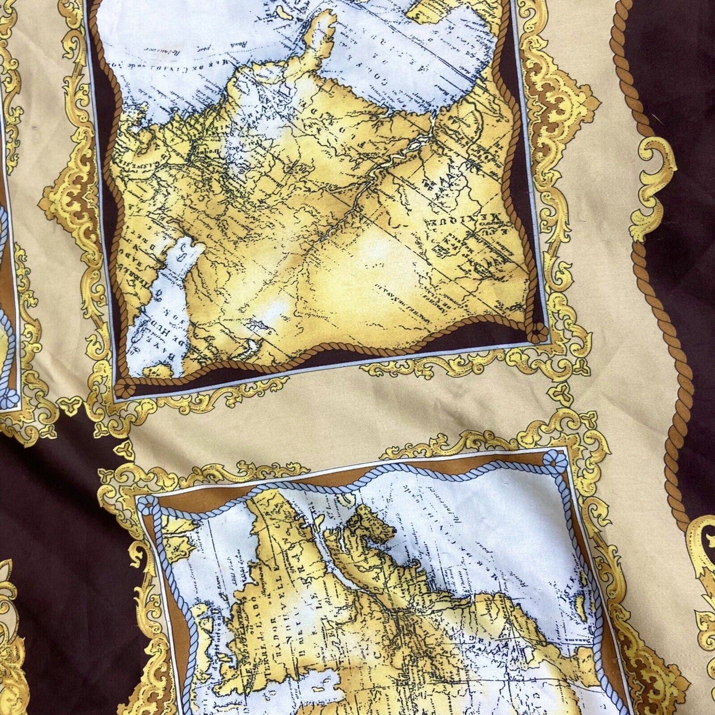 Vintage 90s 00s Brown Gold Cream Ornamental Filigree Map Print Scarf