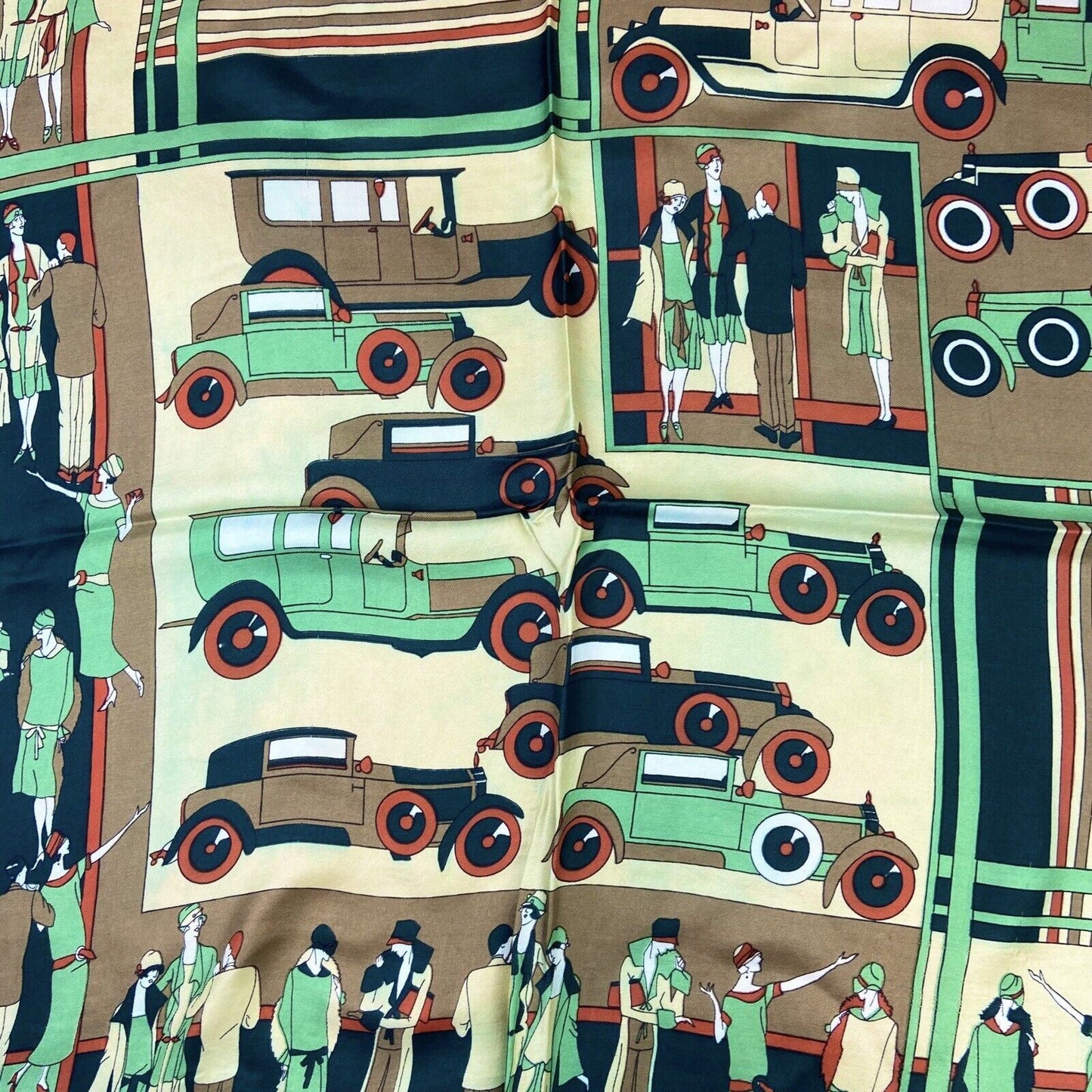 Vintage 90s 00s Green Cream Orange 20s Style Car Print Scarf