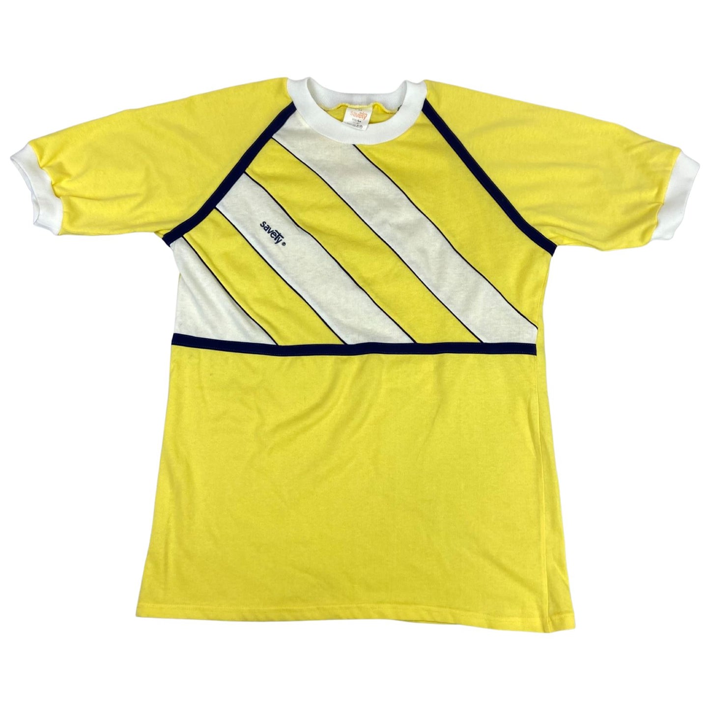Vintage 70s 80s Yellow Navy and White Savety Stripped Panelled T-Shirt M