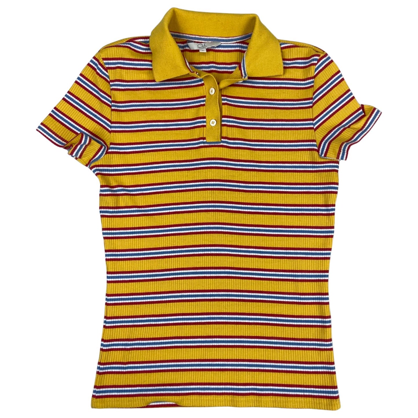 Vintage 90s Yellow Clockhouse Ribbed Stripped Button Up Polo Shirt Top S 8/10