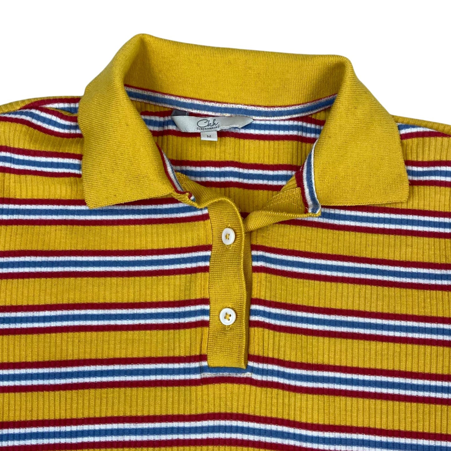 Vintage 90s Yellow Clockhouse Ribbed Stripped Button Up Polo Shirt Top S 8/10