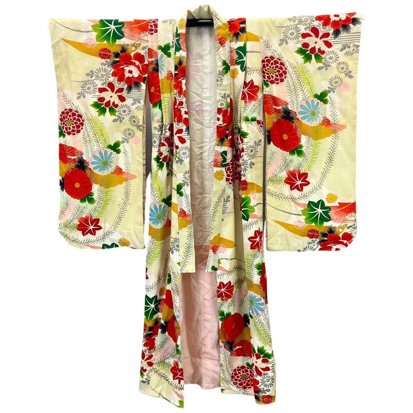 Vintage 60s 70s Yellow Red Green Silk Floral Komon Showa Kimono 8 10 S