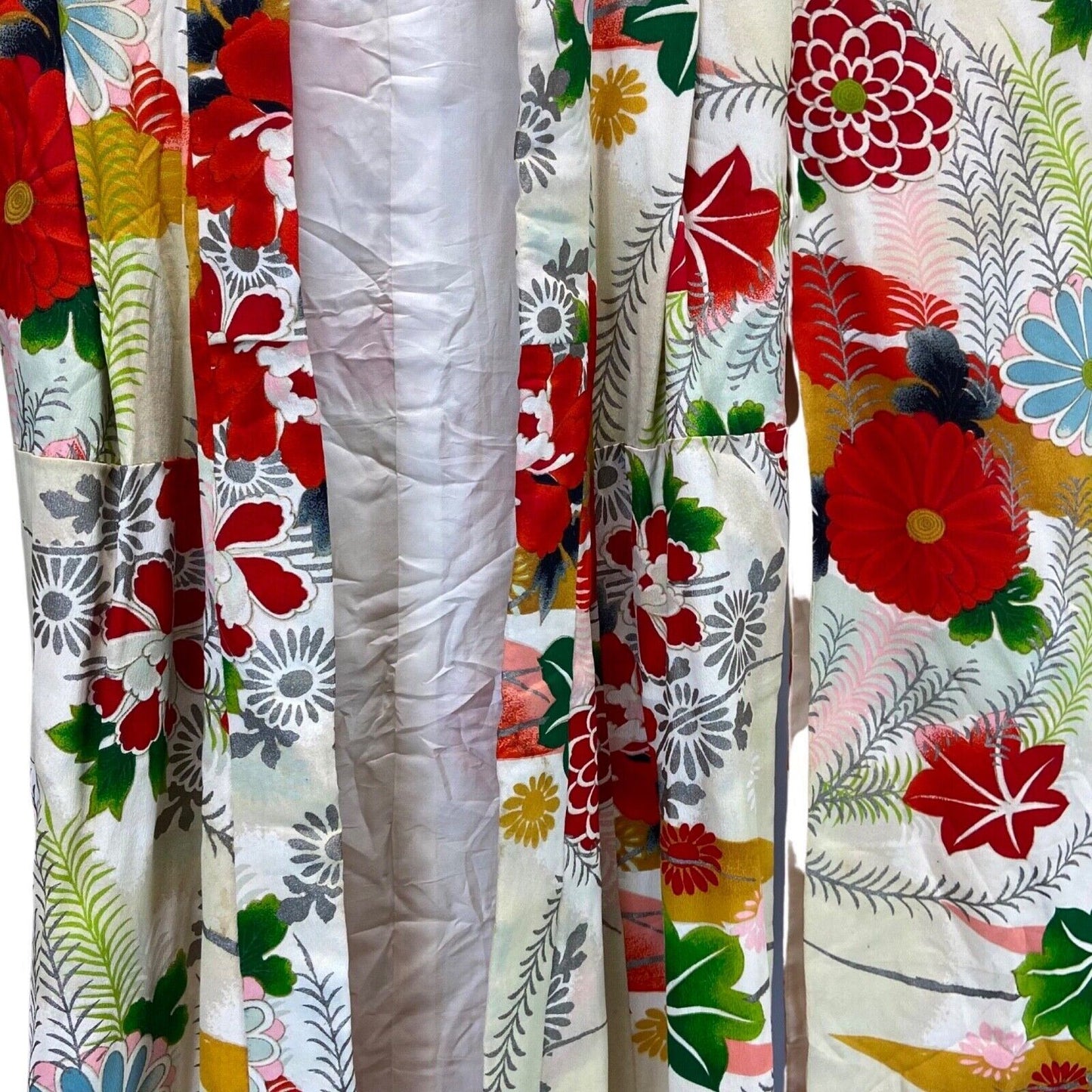 Vintage 60s 70s Yellow Red Green Silk Floral Komon Showa Kimono 8 10 S