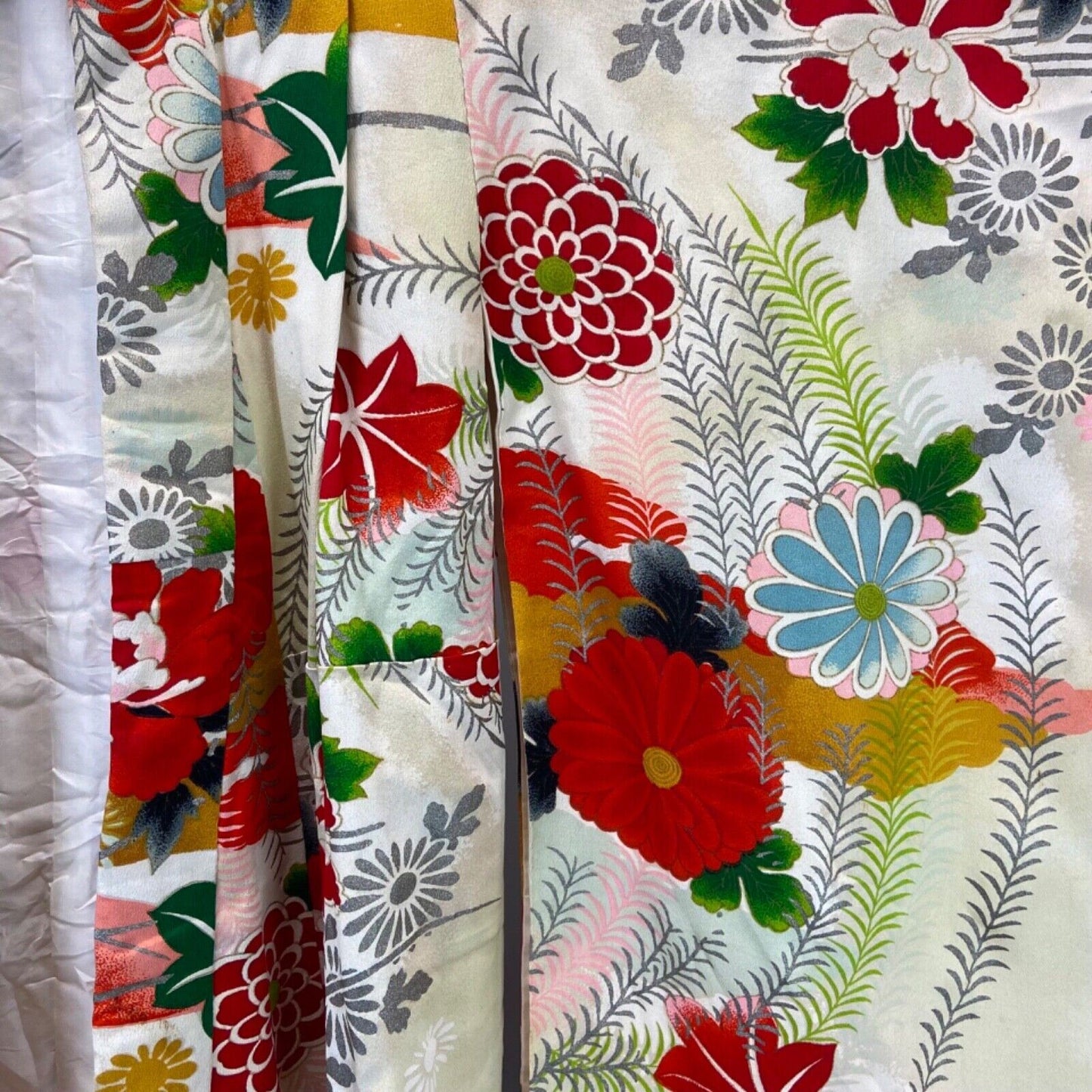 Vintage 60s 70s Yellow Red Green Silk Floral Komon Showa Kimono 8 10 S