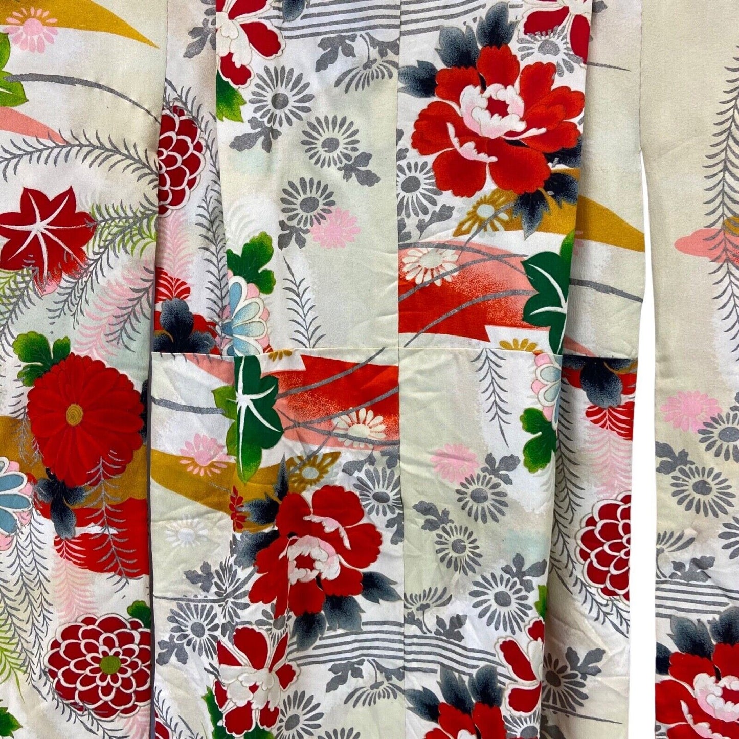 Vintage 60s 70s Yellow Red Green Silk Floral Komon Showa Kimono 8 10 S
