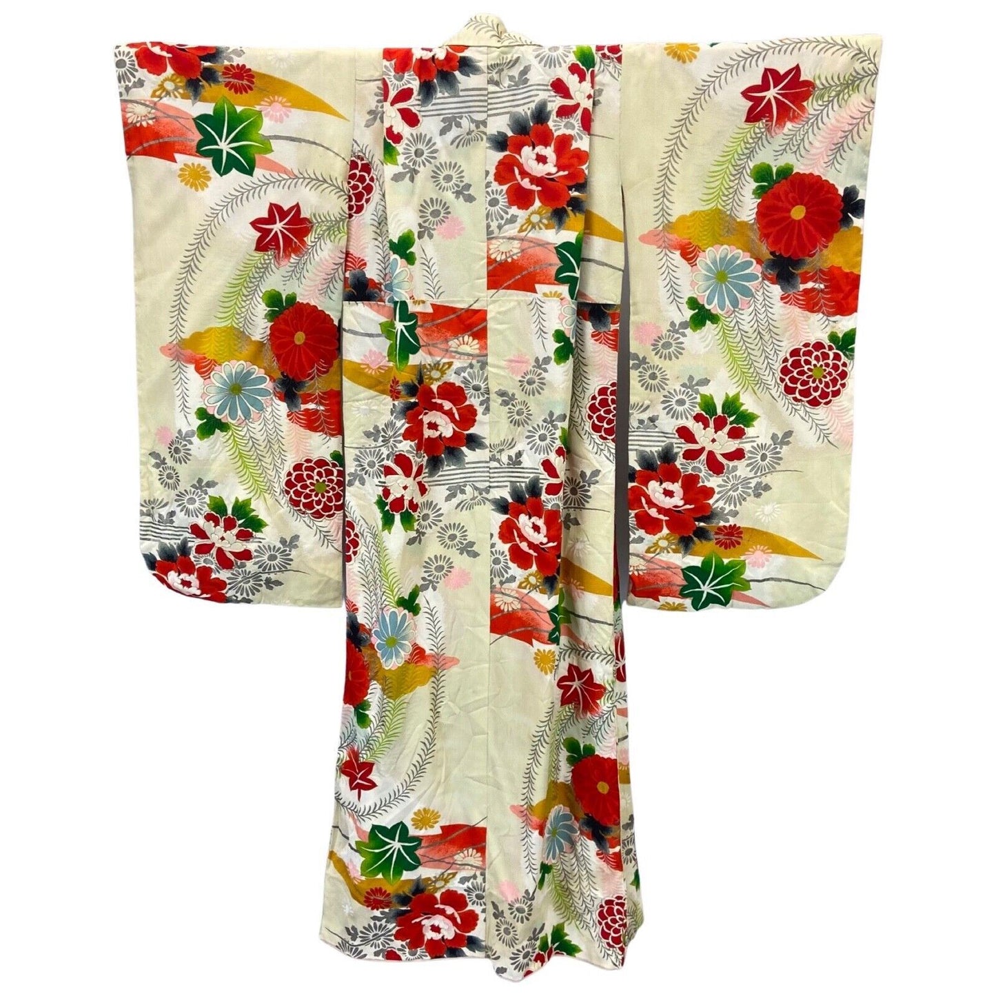 Vintage 60s 70s Yellow Red Green Silk Floral Komon Showa Kimono 8 10 S