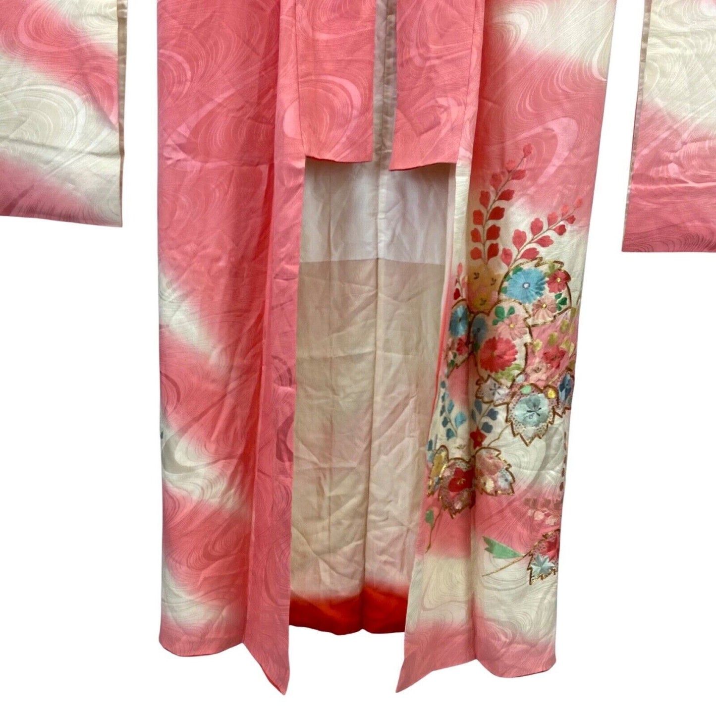 Vintage 60s 70s Pink Cream Silk Embroidered Floral Komon Showa Kimono 16 L