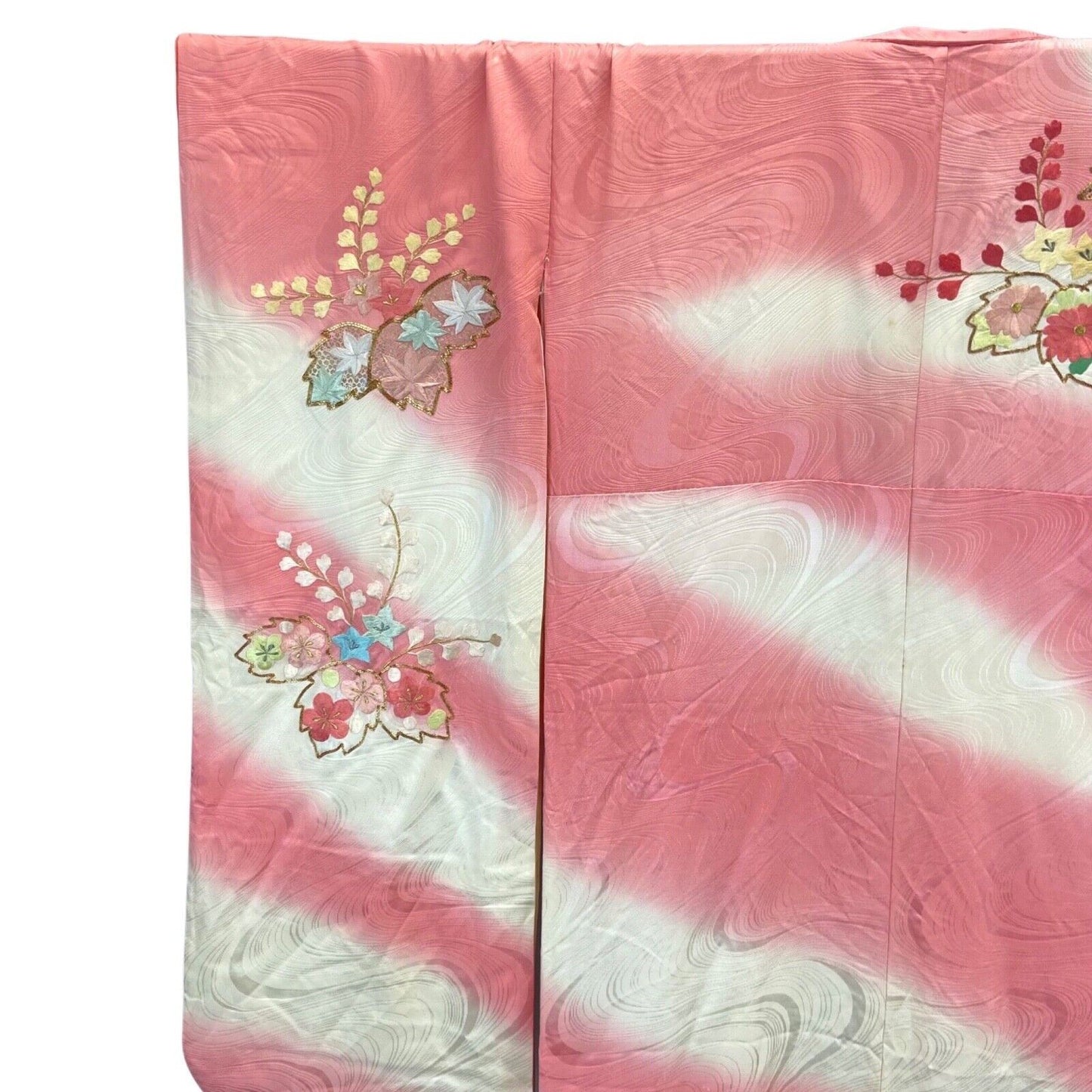 Vintage 60s 70s Pink Cream Silk Embroidered Floral Komon Showa Kimono 16 L