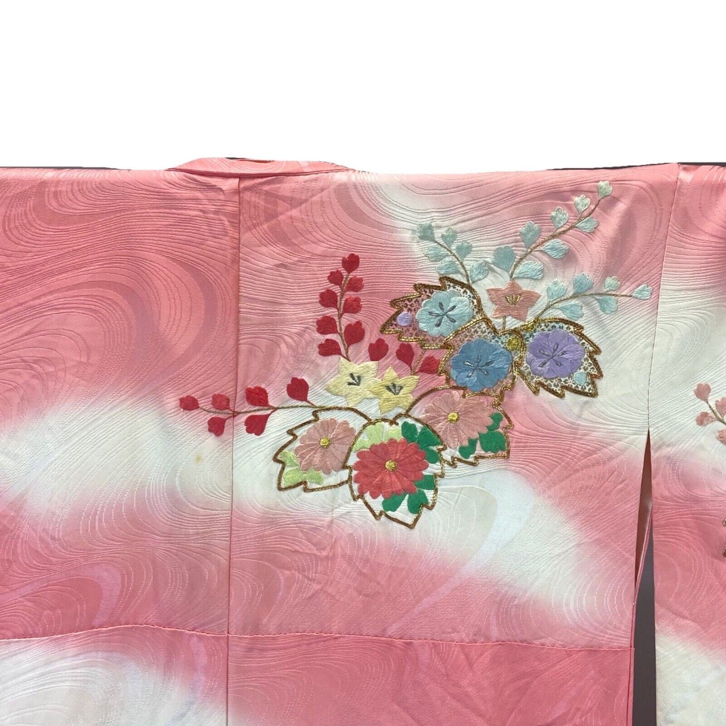 Vintage 60s 70s Pink Cream Silk Embroidered Floral Komon Showa Kimono 16 L