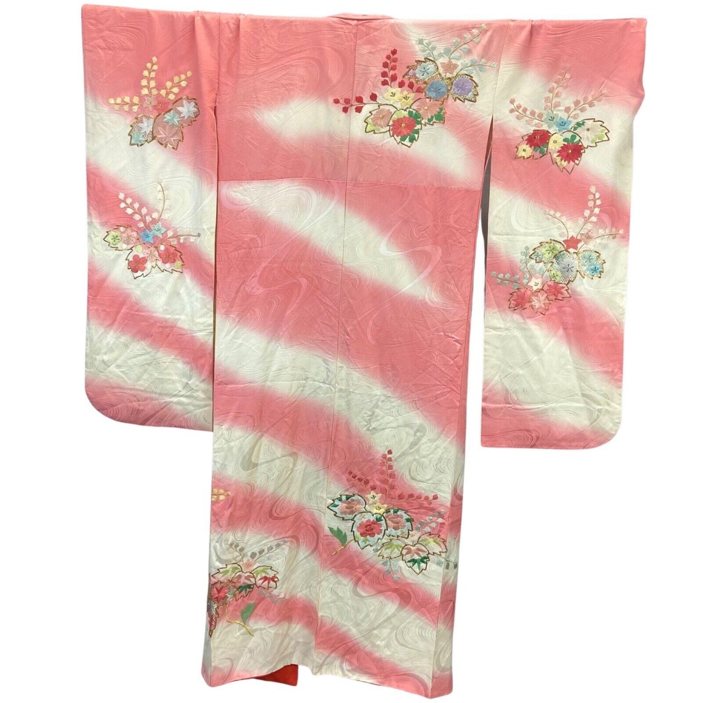 Vintage 60s 70s Pink Cream Silk Embroidered Floral Komon Showa Kimono 16 L
