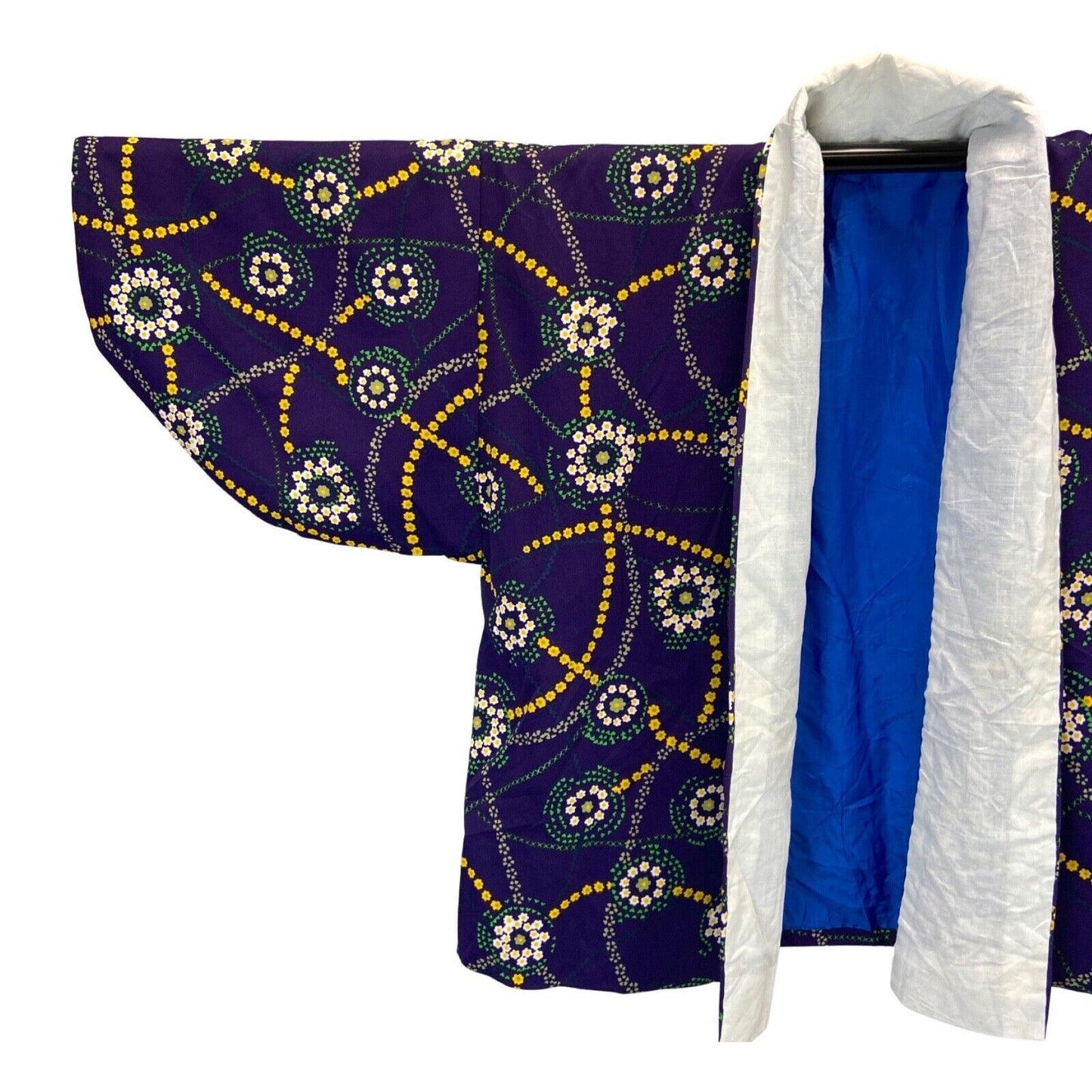 Vintage 70s 80s Purple Yellow Geometric Floral Komon Haori Kimono 16 18 L