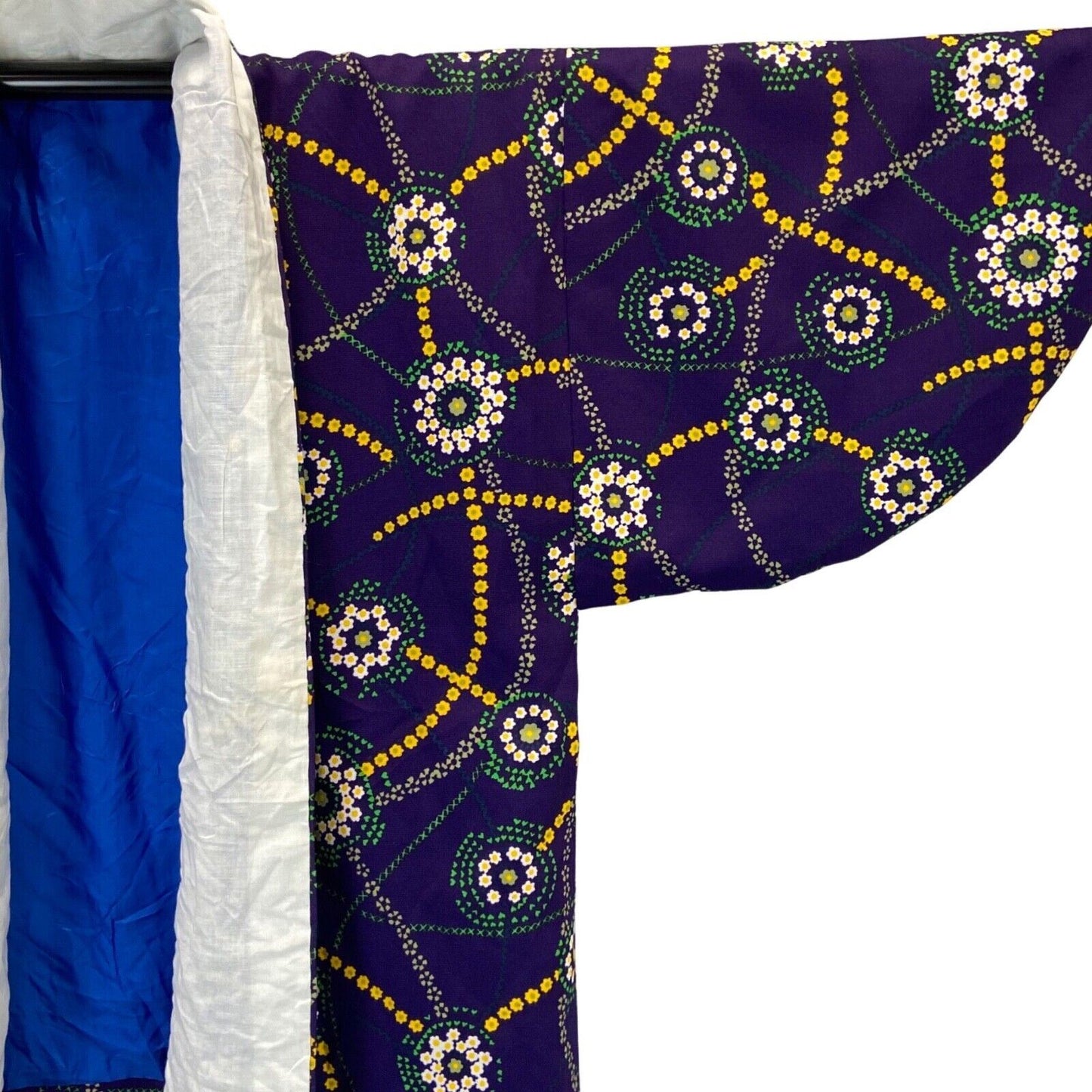 Vintage 70s 80s Purple Yellow Geometric Floral Komon Haori Kimono 16 18 L