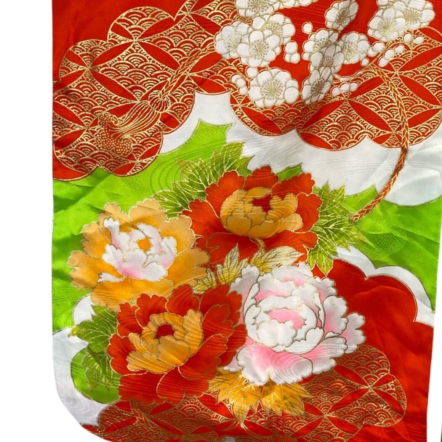 Vintage 70s 80s Green Red Orange Silk Embroiderd Floral Komon Showa Kimono 8 S