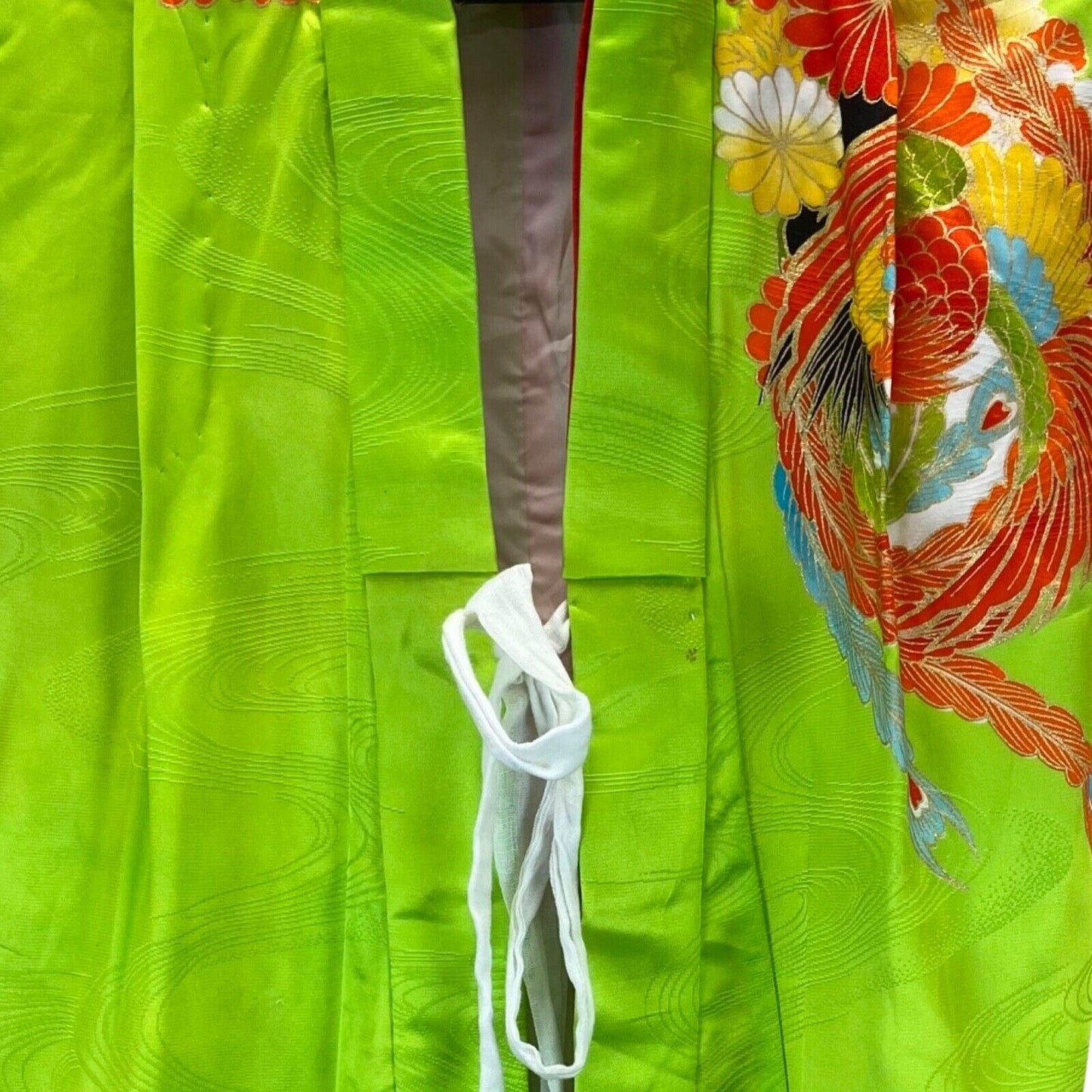 Vintage 70s 80s Green Red Orange Silk Embroiderd Floral Komon Showa Kimono 8 S
