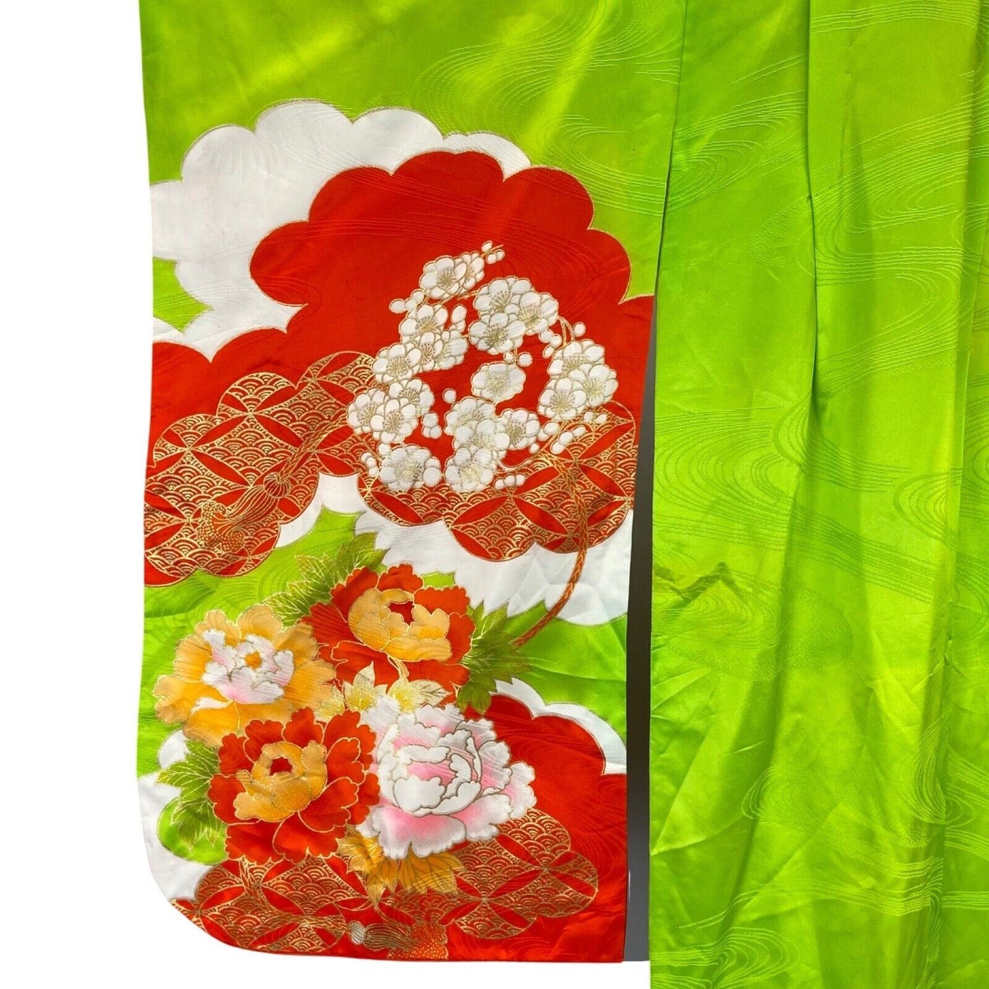 Vintage 70s 80s Green Red Orange Silk Embroiderd Floral Komon Showa Kimono 8 S