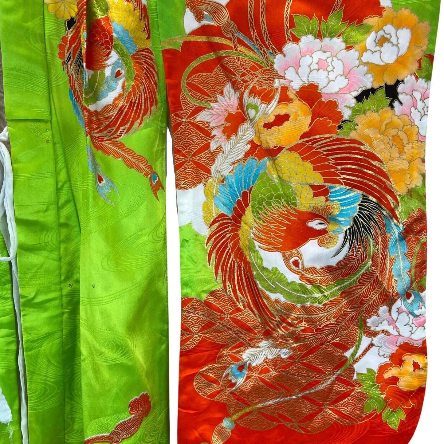 Vintage 70s 80s Green Red Orange Silk Embroiderd Floral Komon Showa Kimono 8 S