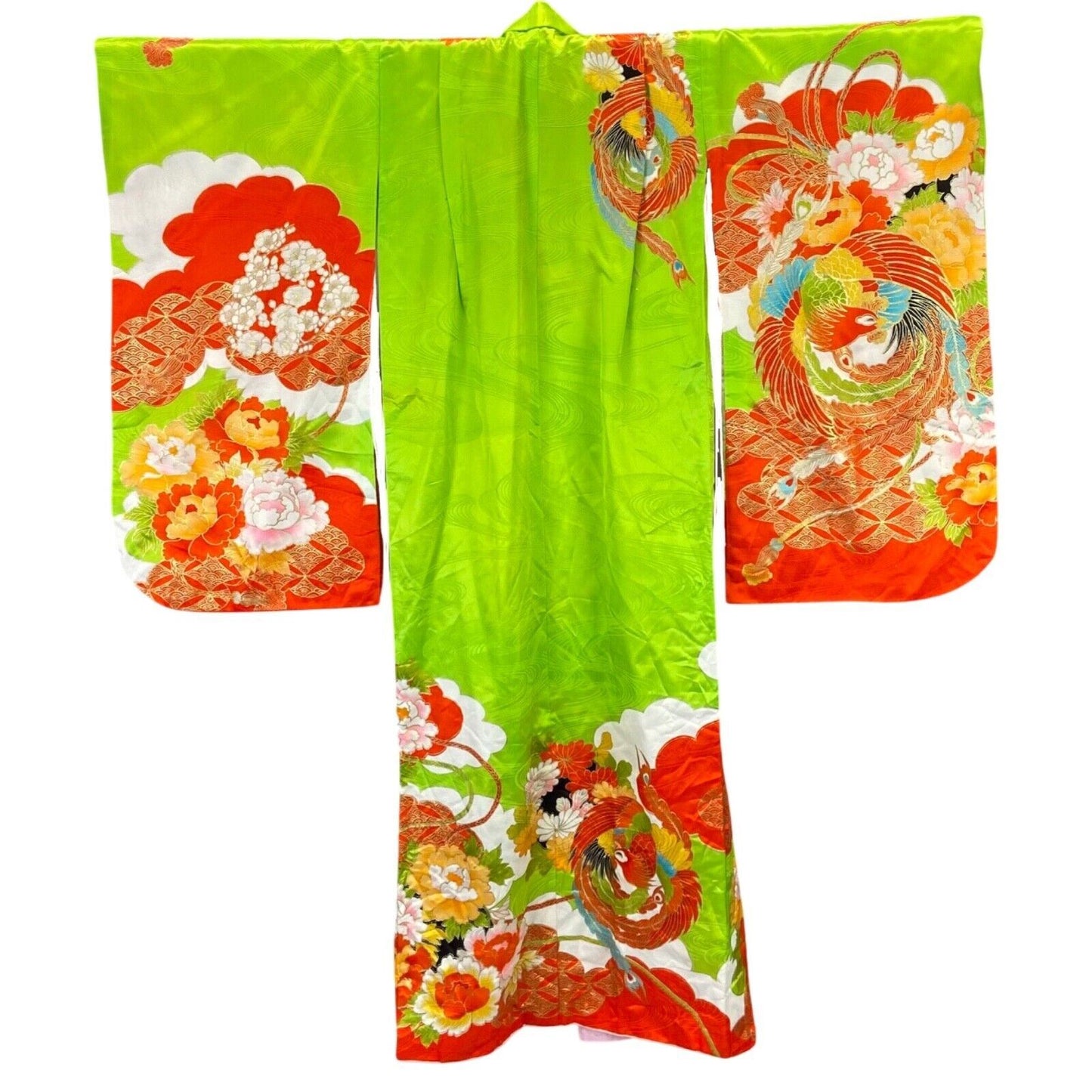 Vintage 70s 80s Green Red Orange Silk Embroiderd Floral Komon Showa Kimono 8 S