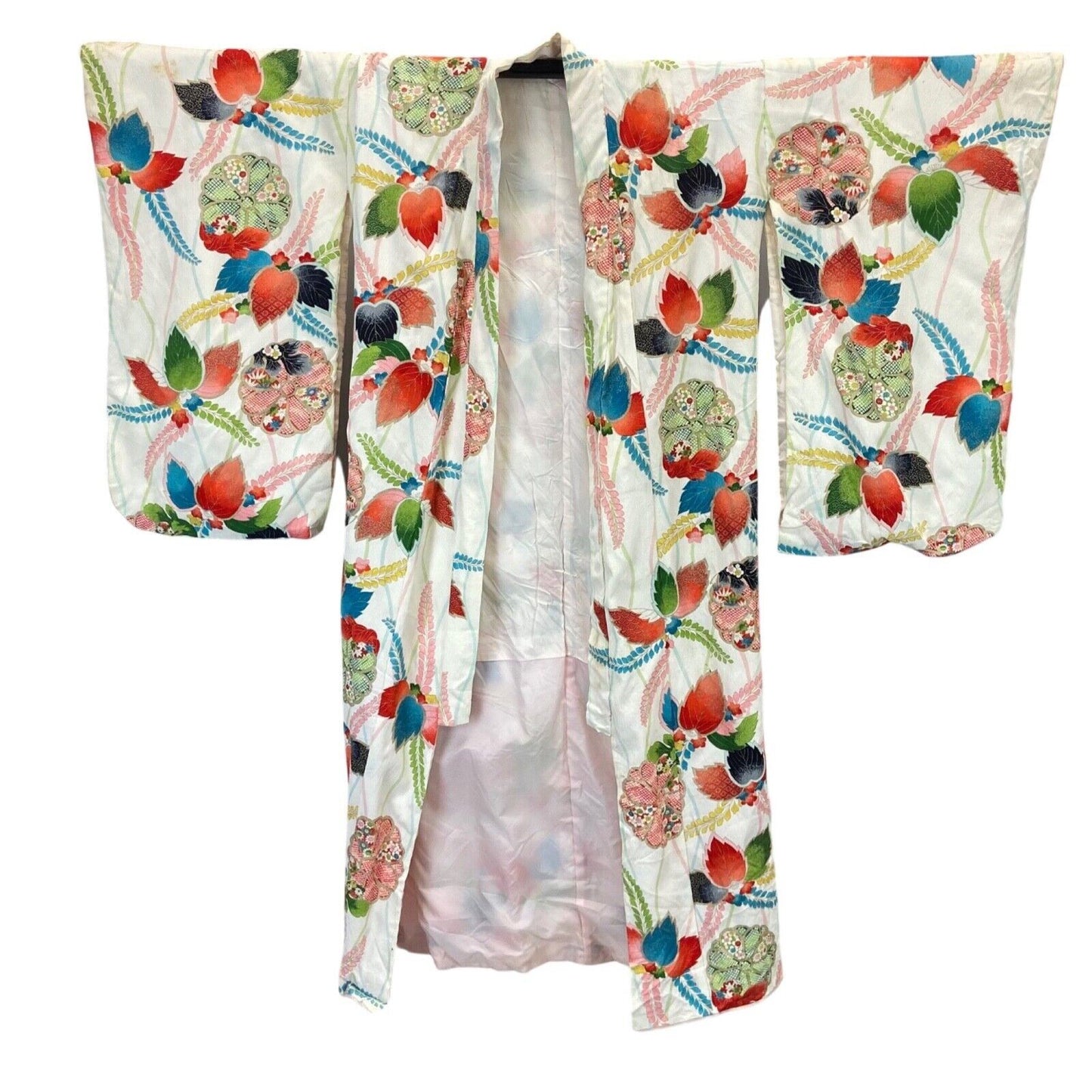 Vintage 60s 70s White Green Pink Silk Floral Komon Showa Kimono 8 10 S