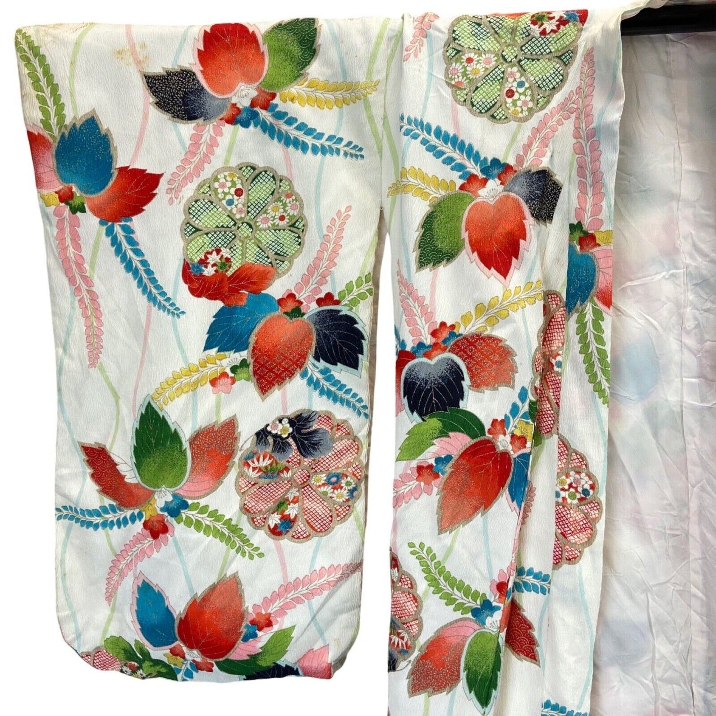 Vintage 60s 70s White Green Pink Silk Floral Komon Showa Kimono 8 10 S
