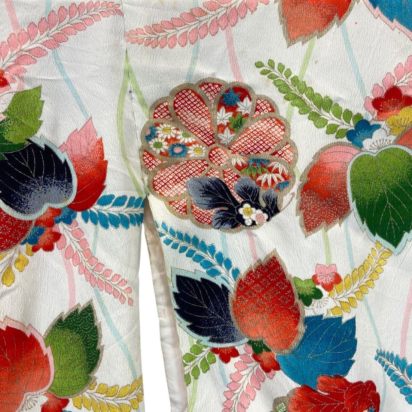 Vintage 60s 70s White Green Pink Silk Floral Komon Showa Kimono 8 10 S