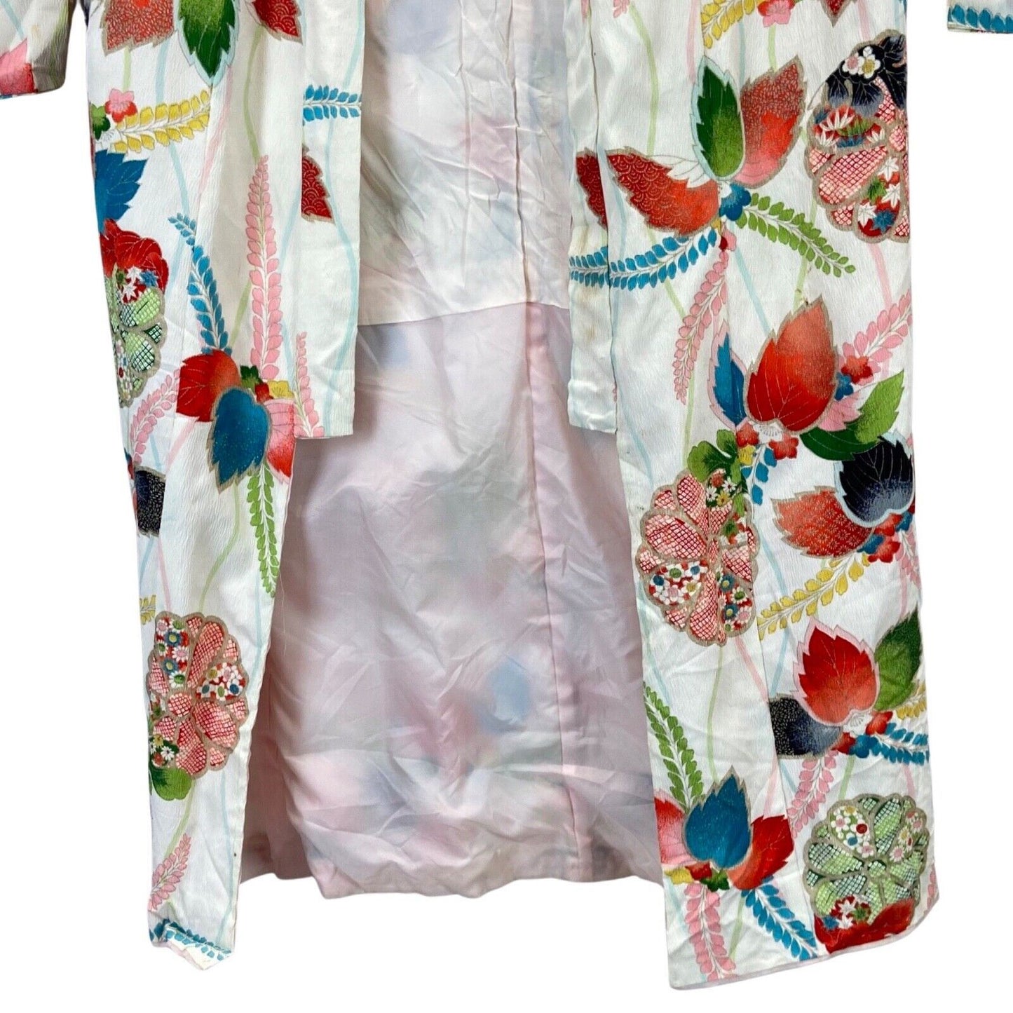 Vintage 60s 70s White Green Pink Silk Floral Komon Showa Kimono 8 10 S