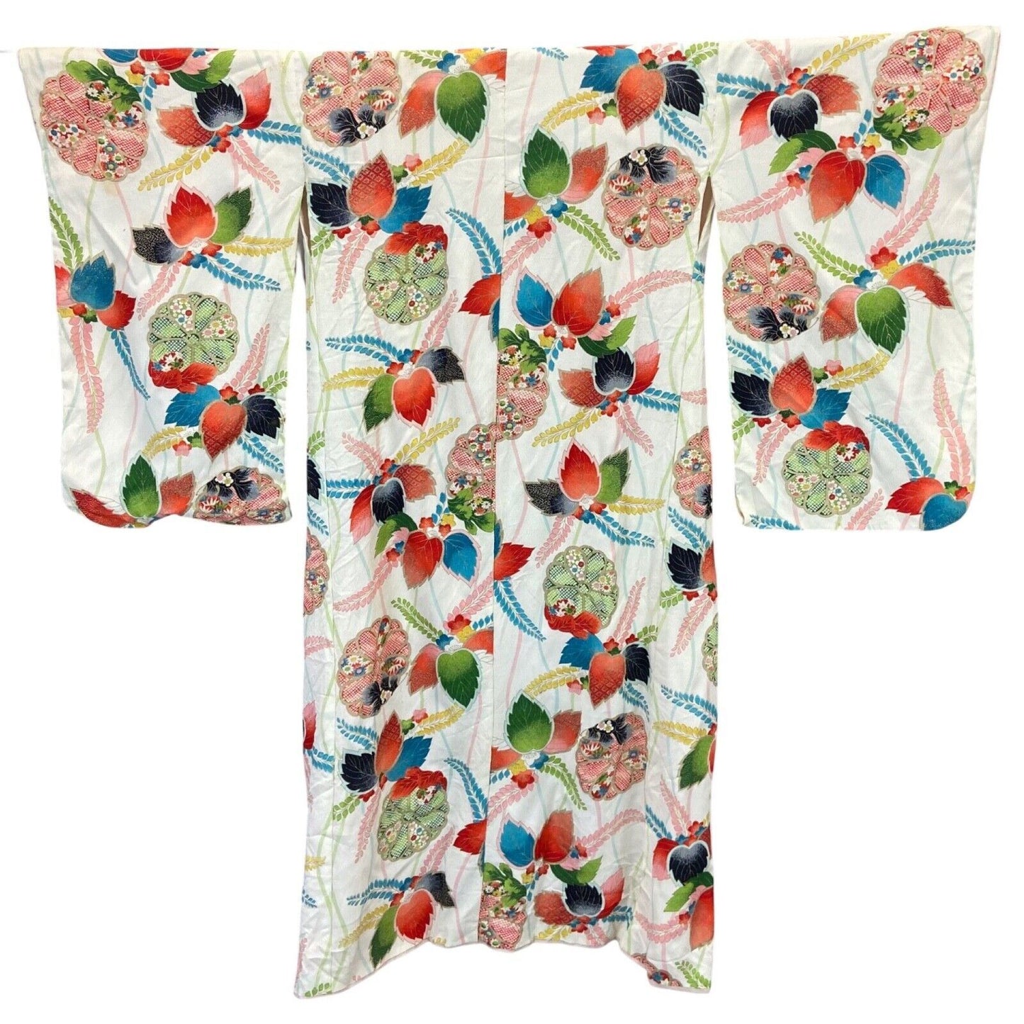 Vintage 60s 70s White Green Pink Silk Floral Komon Showa Kimono 8 10 S