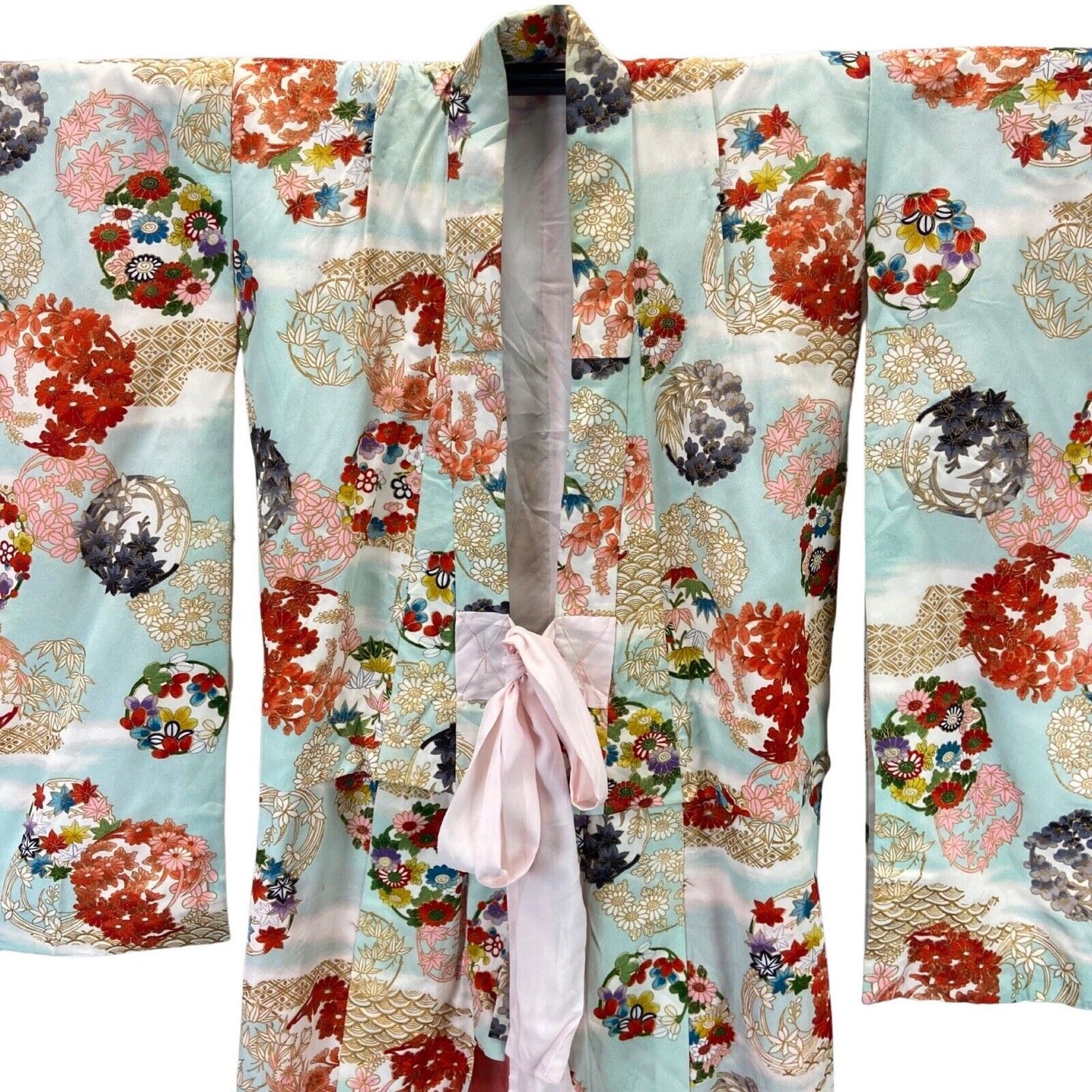 Vintage 70s 80s Blue Pink Gold Silk Floral Geometric Komon Kimono 12 14 M