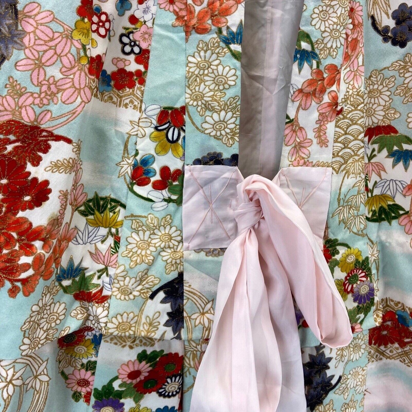 Vintage 70s 80s Blue Pink Gold Silk Floral Geometric Komon Kimono 12 14 M