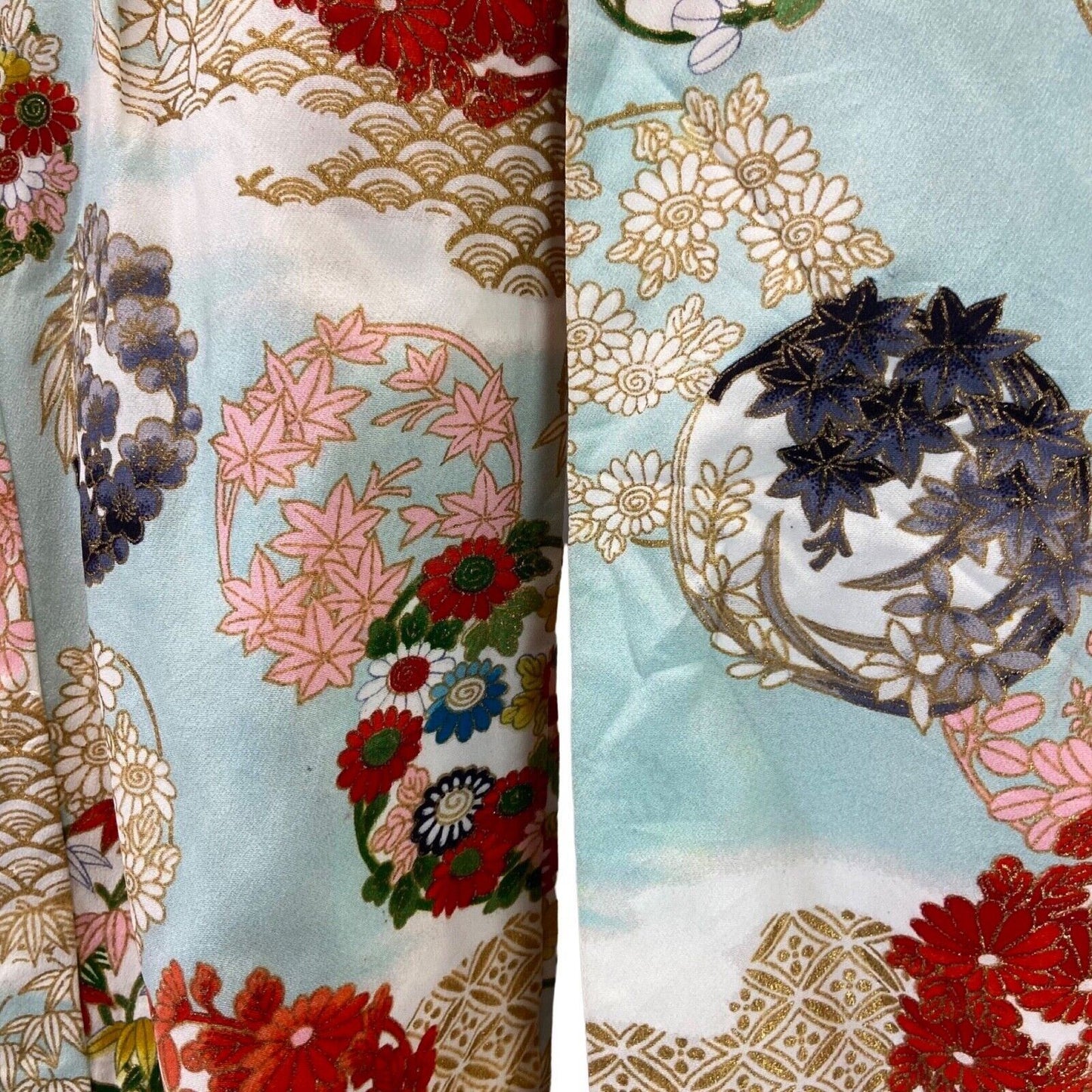 Vintage 70s 80s Blue Pink Gold Silk Floral Geometric Komon Kimono 12 14 M
